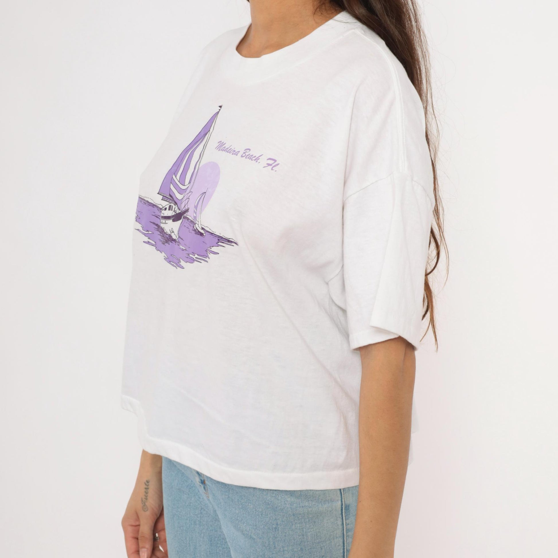 90s Ocean East Sportswear Sailboat Graphic Crop Tee White Purple One Size
