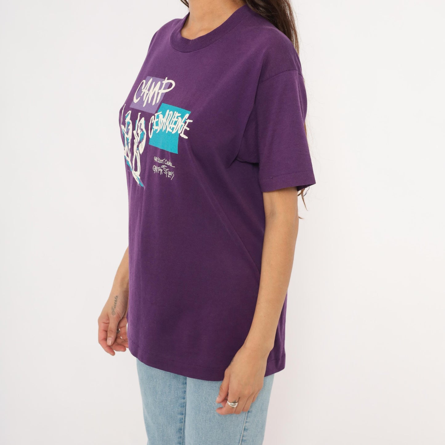 90s Girl Scout Camp Cedarledge Graphic Tee Purple Hiking Print Large L