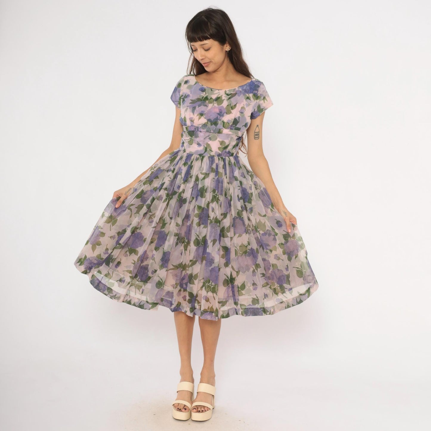 60s Lavender Floral Chiffon Dress Cap Sleeve Fit and Flare Purple Rose Small Medium