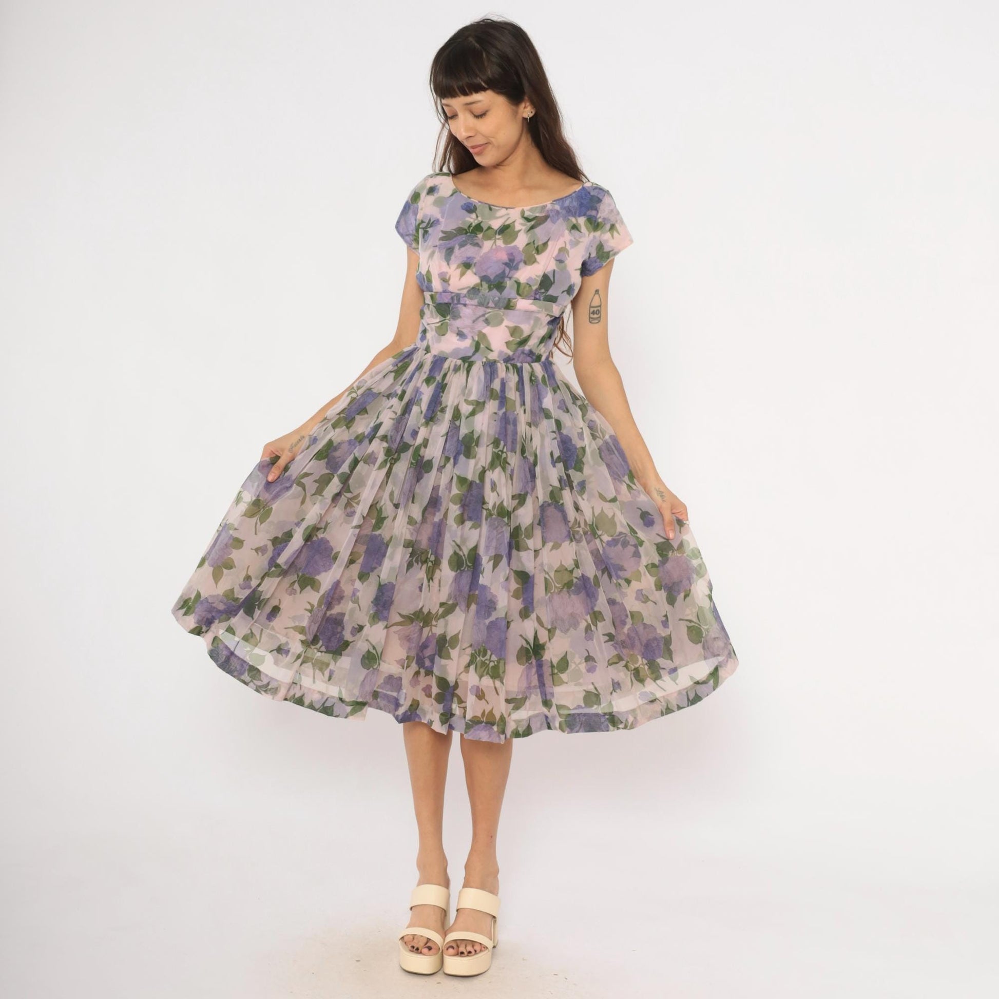 60s Lavender Floral Chiffon Dress Cap Sleeve Fit and Flare Purple Rose Small Medium