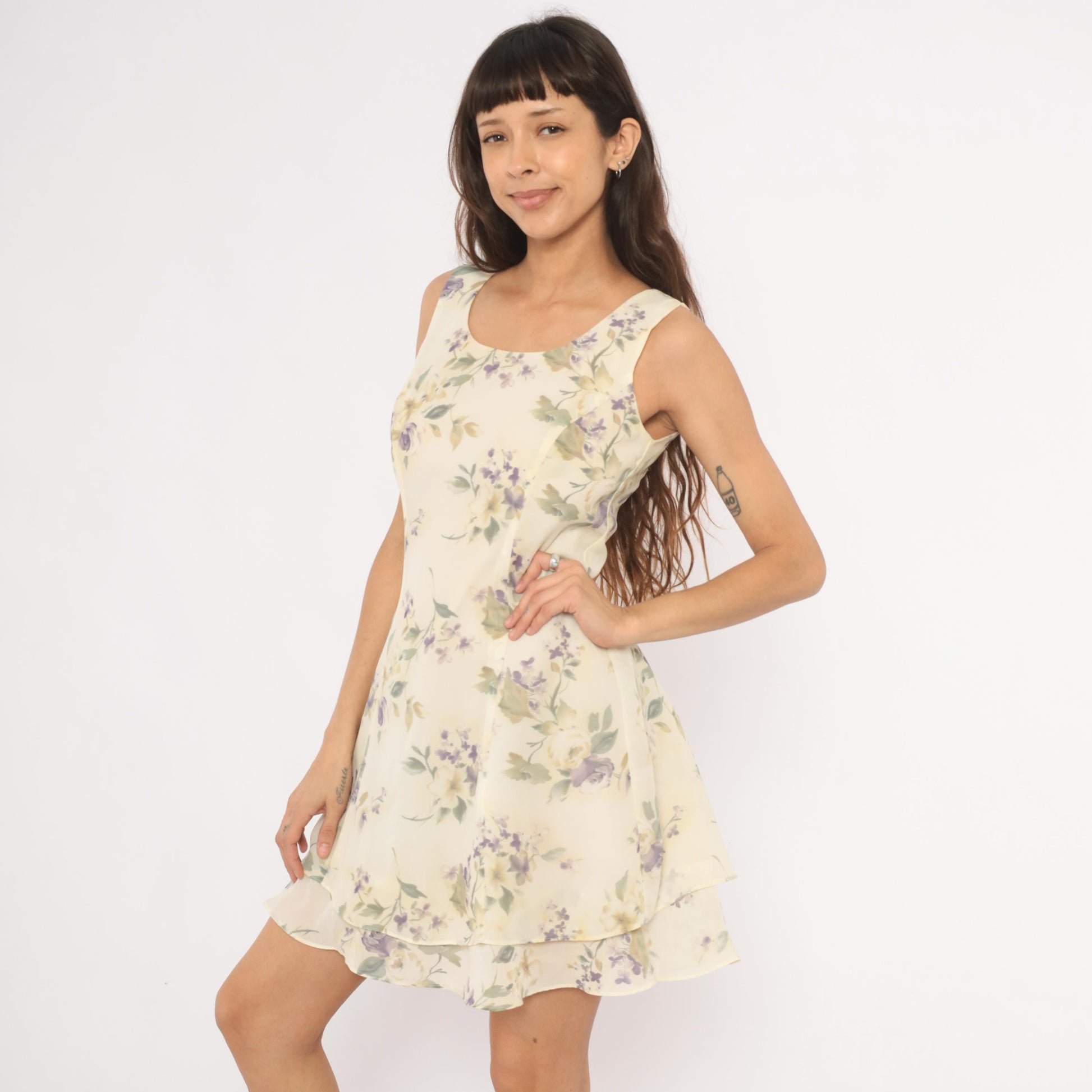 90s Scarlett Floral Chiffon Mini Dress Cream Crossback Scoop Neck Small S