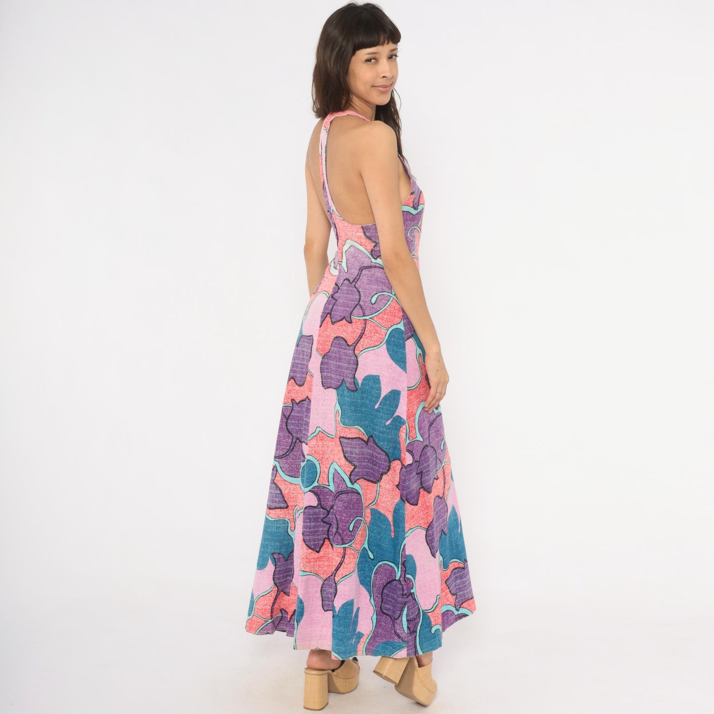 70s Psychedelic Floral Maxi Halter Dress Purple Teal Pink Cotton Small