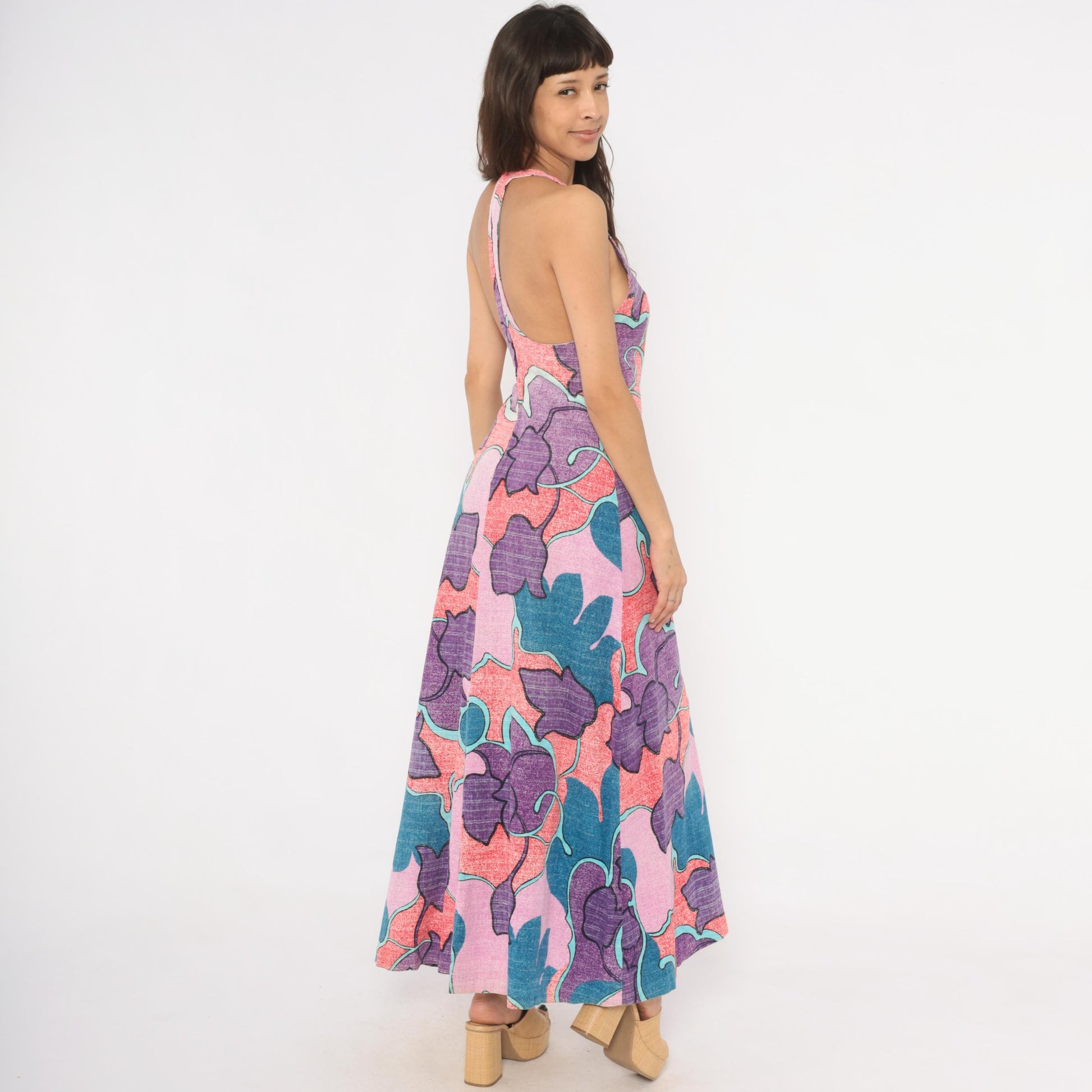 70s Psychedelic Floral Maxi Halter Dress Purple Teal Pink Cotton Small