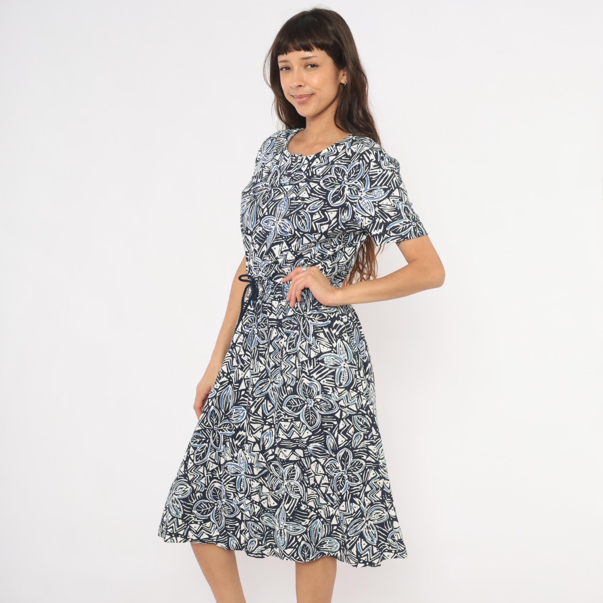 90s Via Sant Andrea Navy Floral Midi Dress Cotton Henley Button Short Sleeve Large L