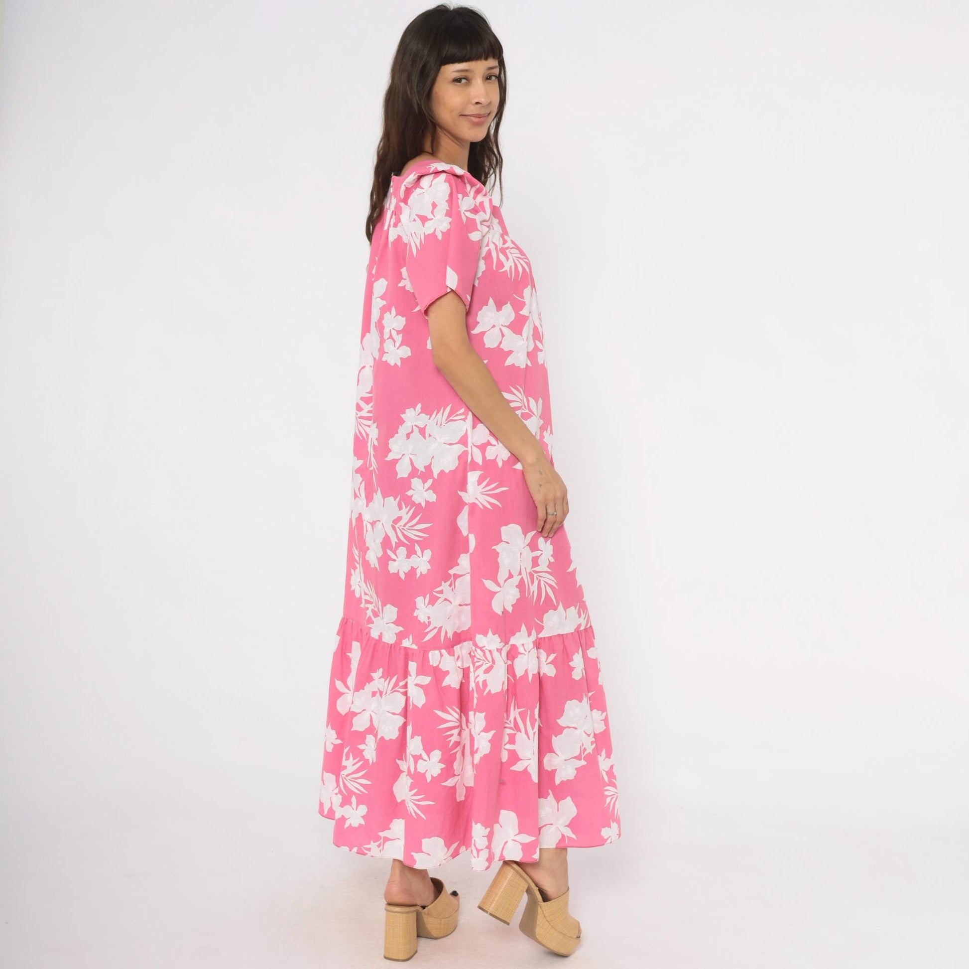 80s Pink Floral Maxi Dress Tropical Hibiscus Puff Sleeve Sweetheart Medium M