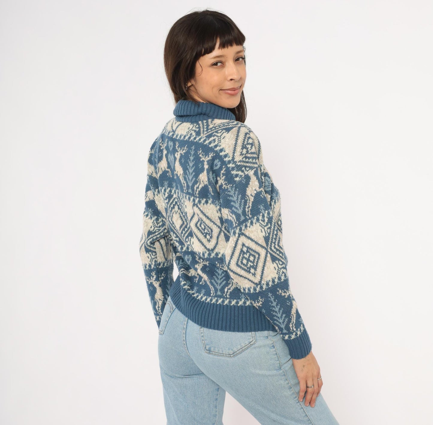90s United States Sweaters Reindeer Fair Isle Turtleneck Blue Cream Small