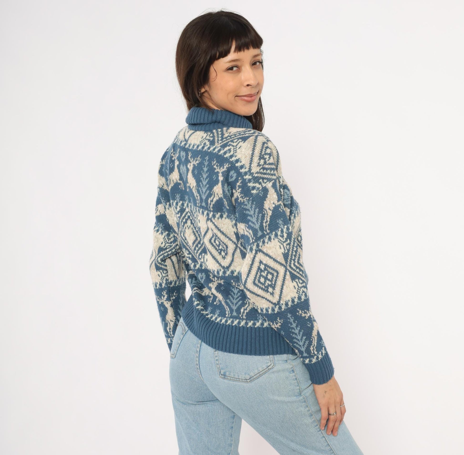 90s United States Sweaters Reindeer Fair Isle Turtleneck Blue Cream Small