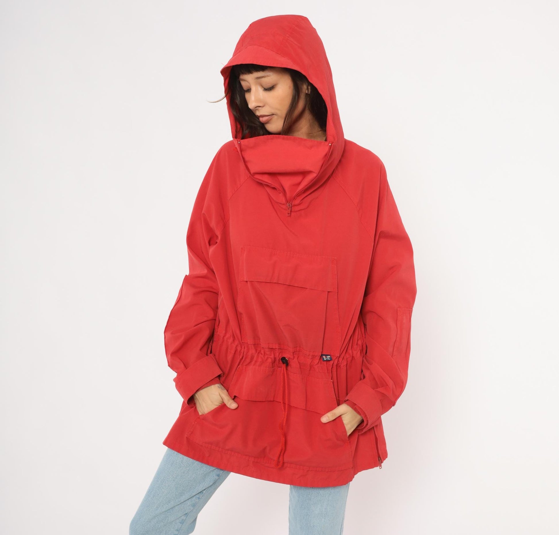 80s Red Anorak Pullover Half-Zip Windbreaker Kangaroo Pocket Jacket Extra Large