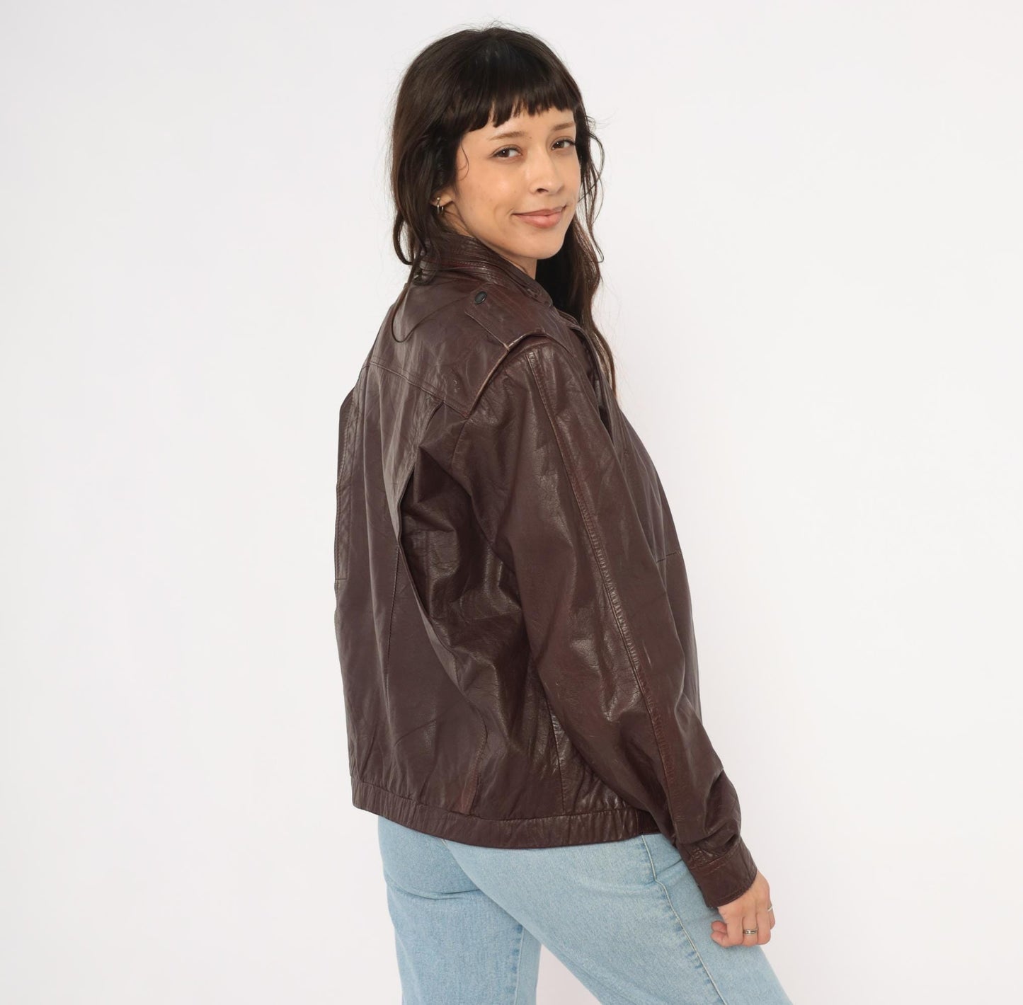 80s Leather Den Burgundy Bomber Jacket Zip Front Moto Coat Medium M