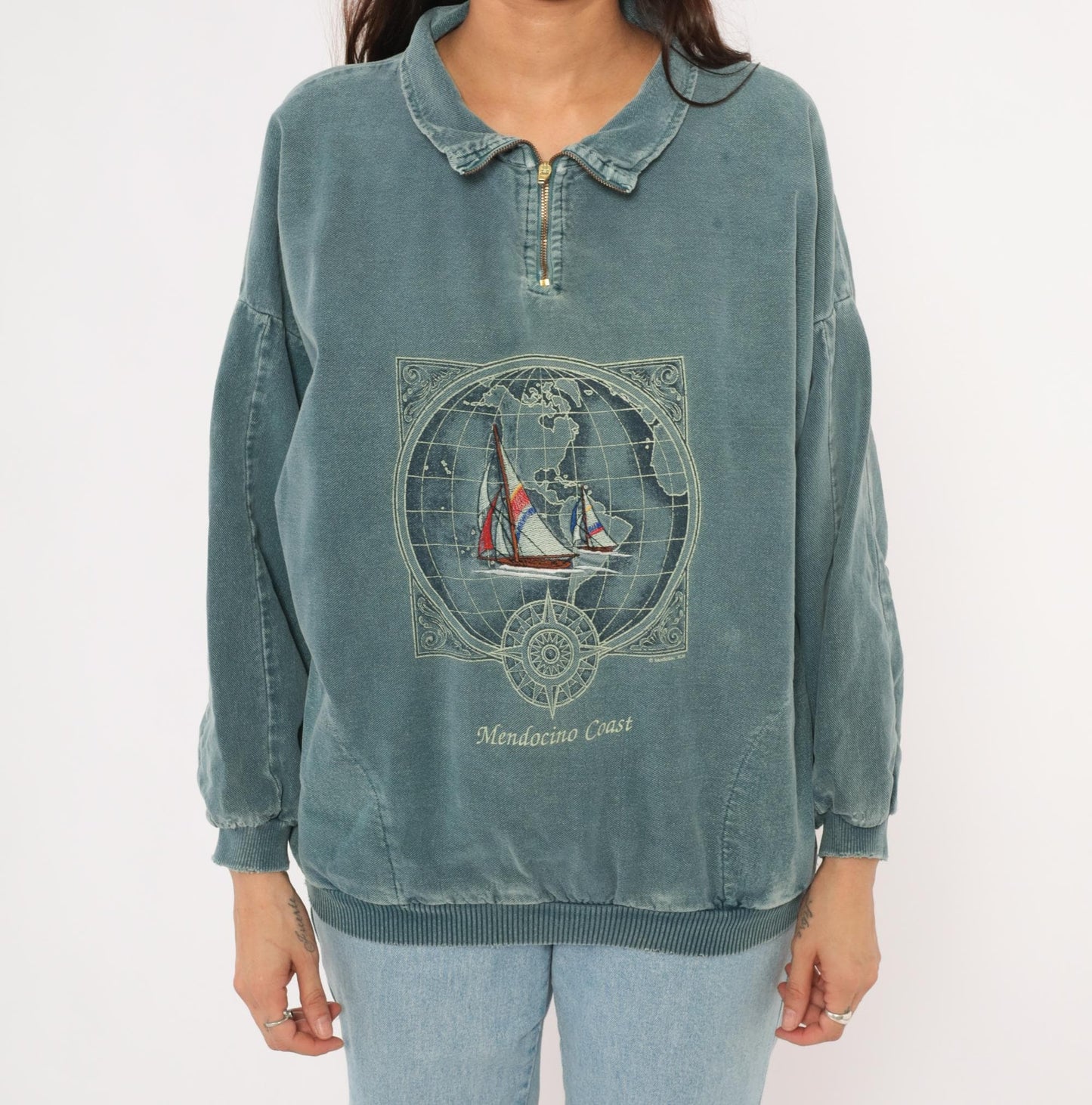 90s Sansegal Sportswear Mendocino Coast Sailboat Quarter-Zip Sweatshirt Grey Blue Medium