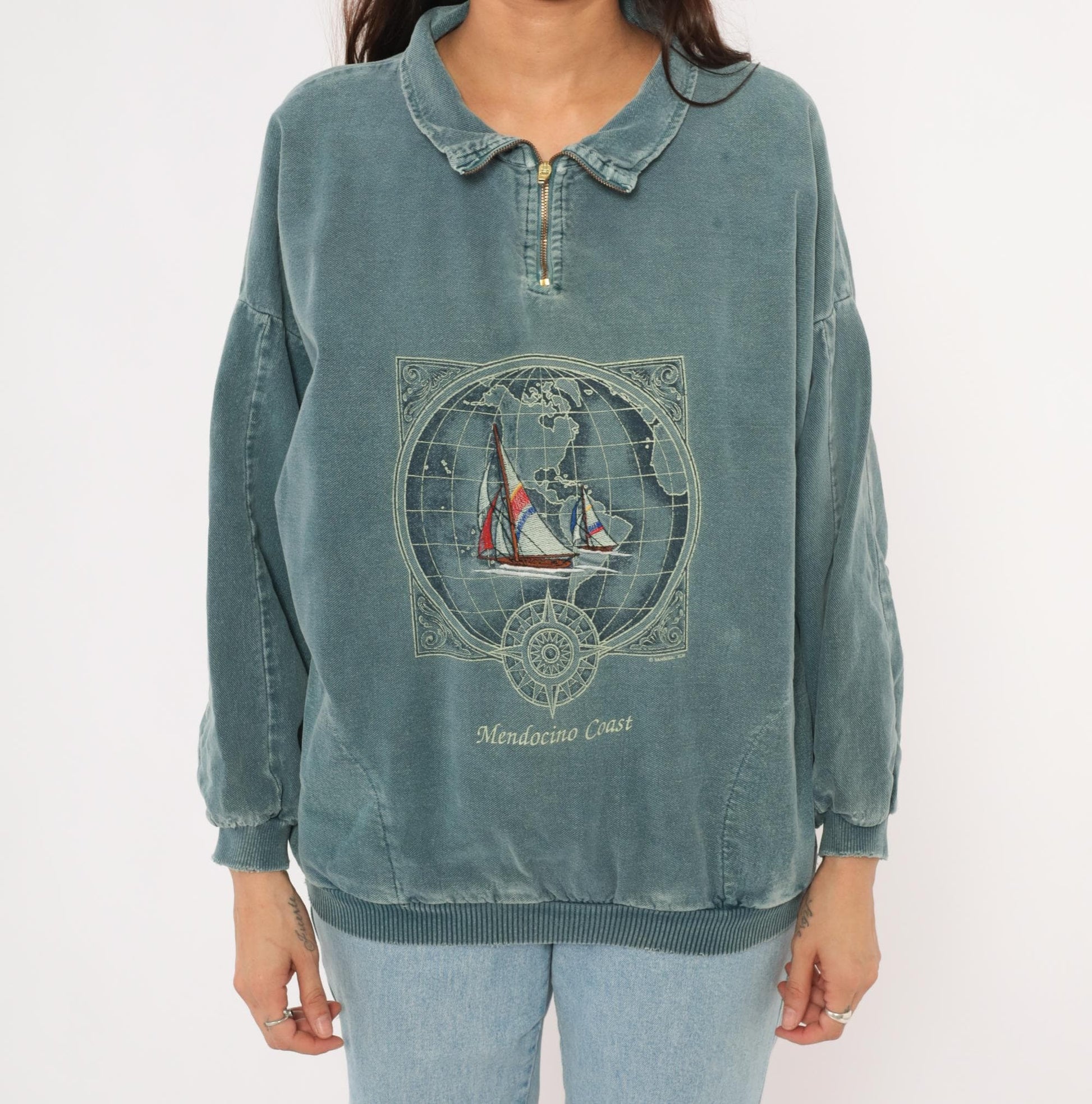 90s Sansegal Sportswear Mendocino Coast Sailboat Quarter-Zip Sweatshirt Grey Blue Medium