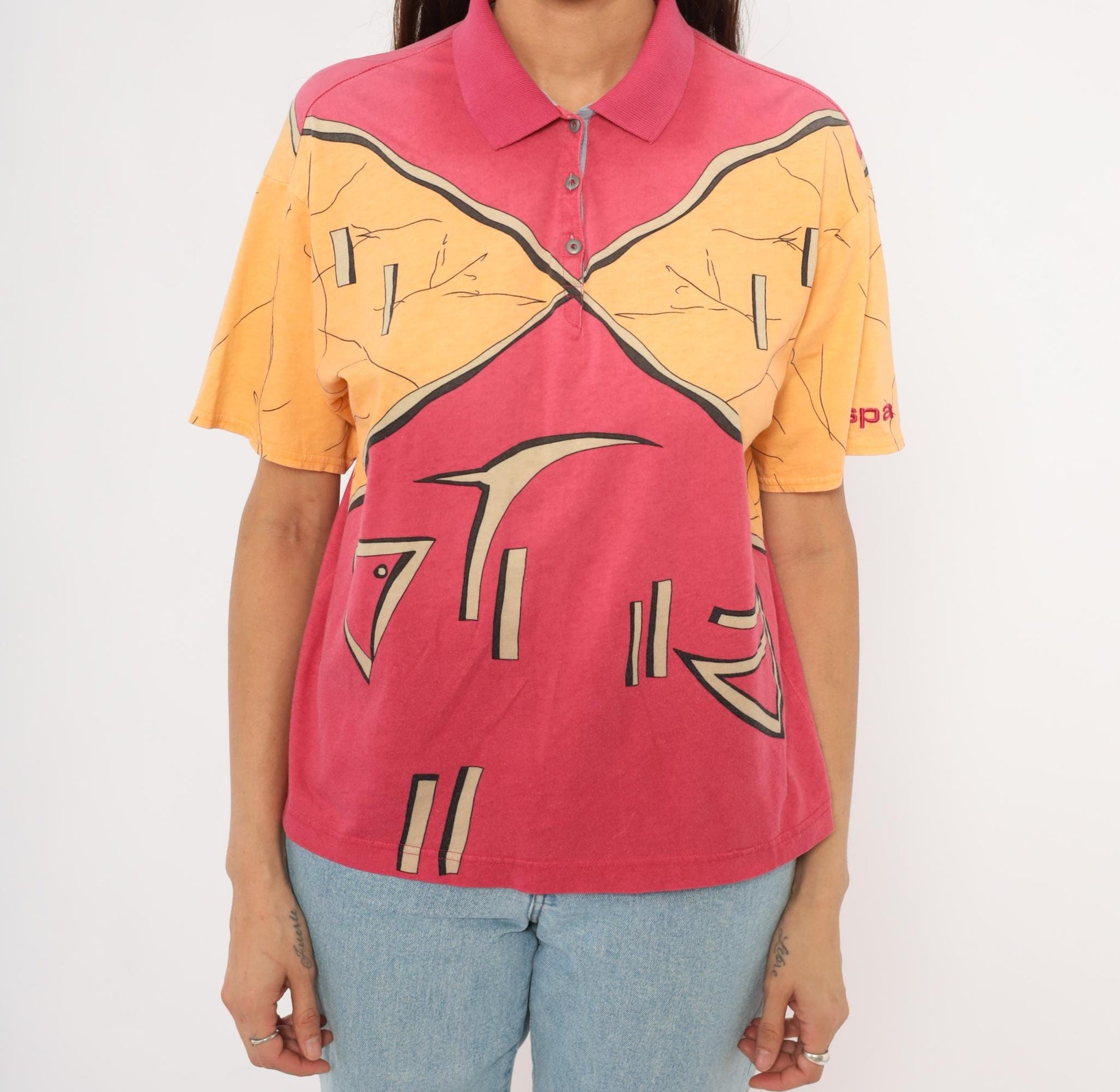 90s Ixspa Abstract Polo Pink Orange Cotton Geometric Graphic Medium