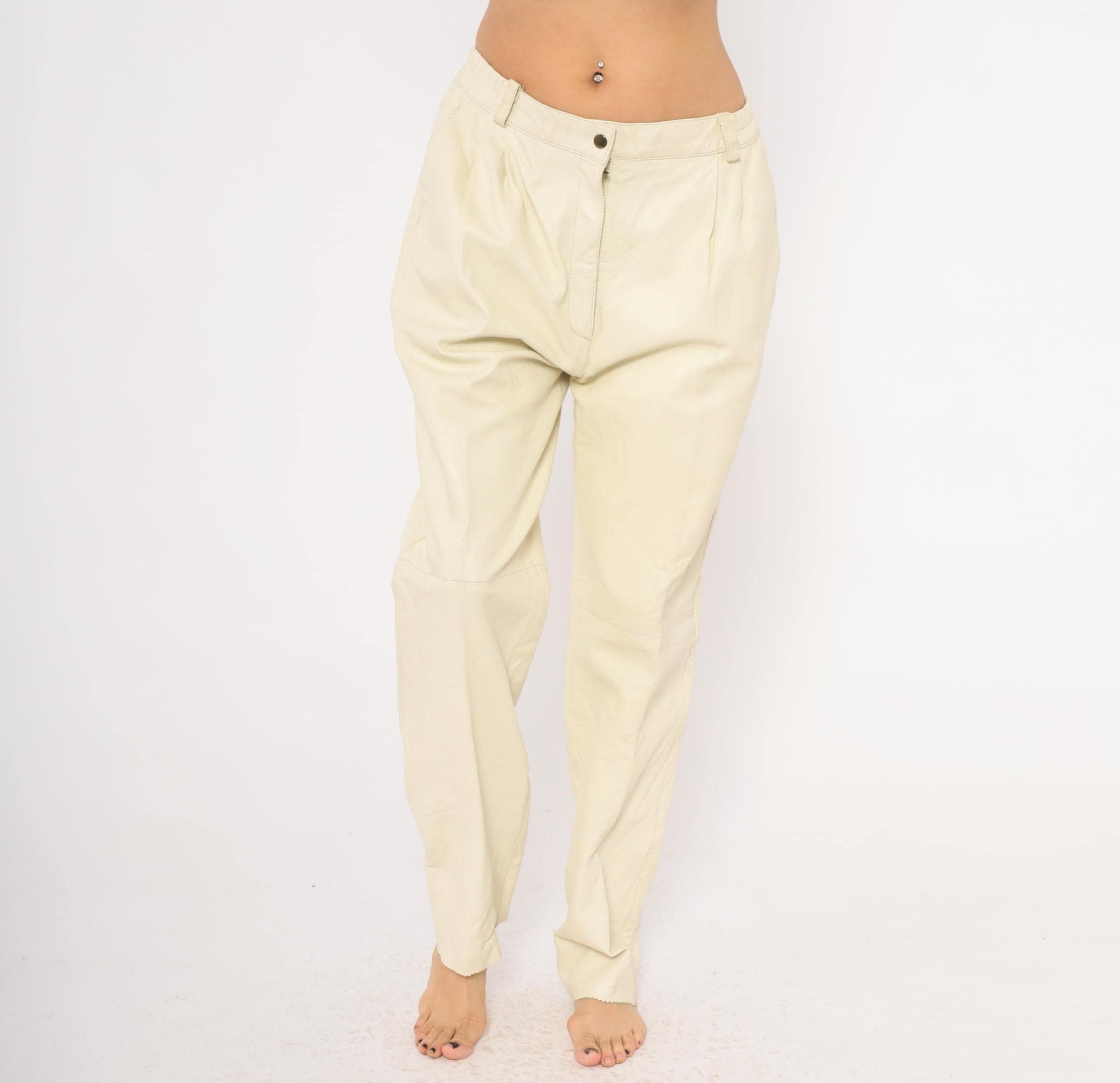 80s Masart Cream Leather Pants Pleated Front Straight Leg Mid-Rise Size 16