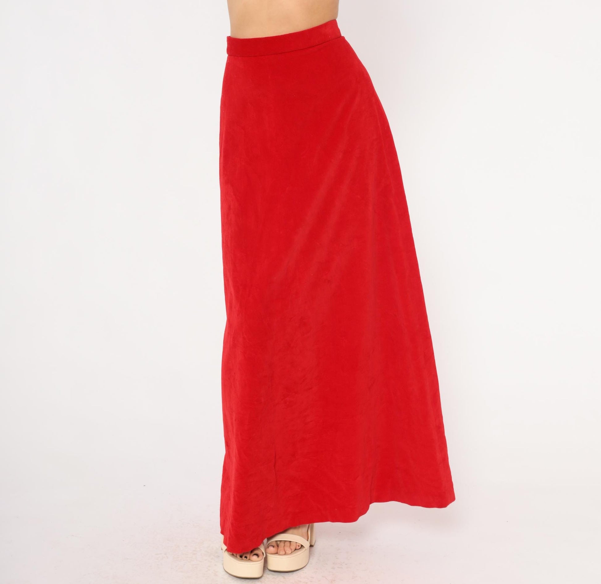 70s Red Velvet Maxi Skirt High Waist A-Line Floor Length Small