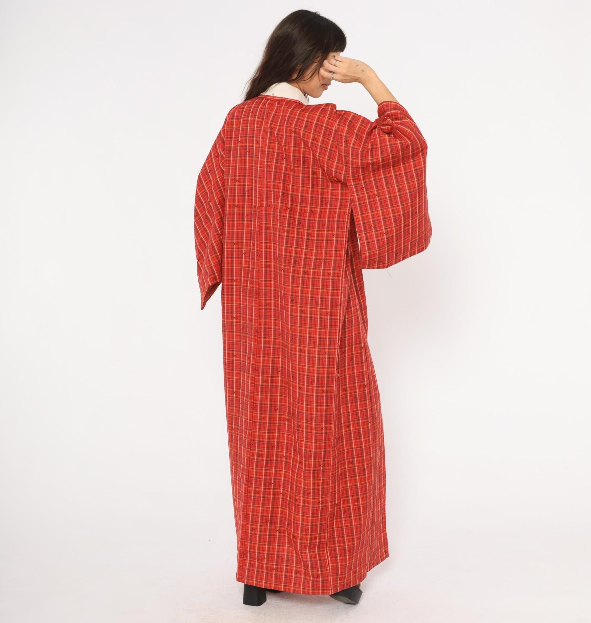 70s Red Plaid Wool Kimono Robe Floor Length Open Front Tartan Duster