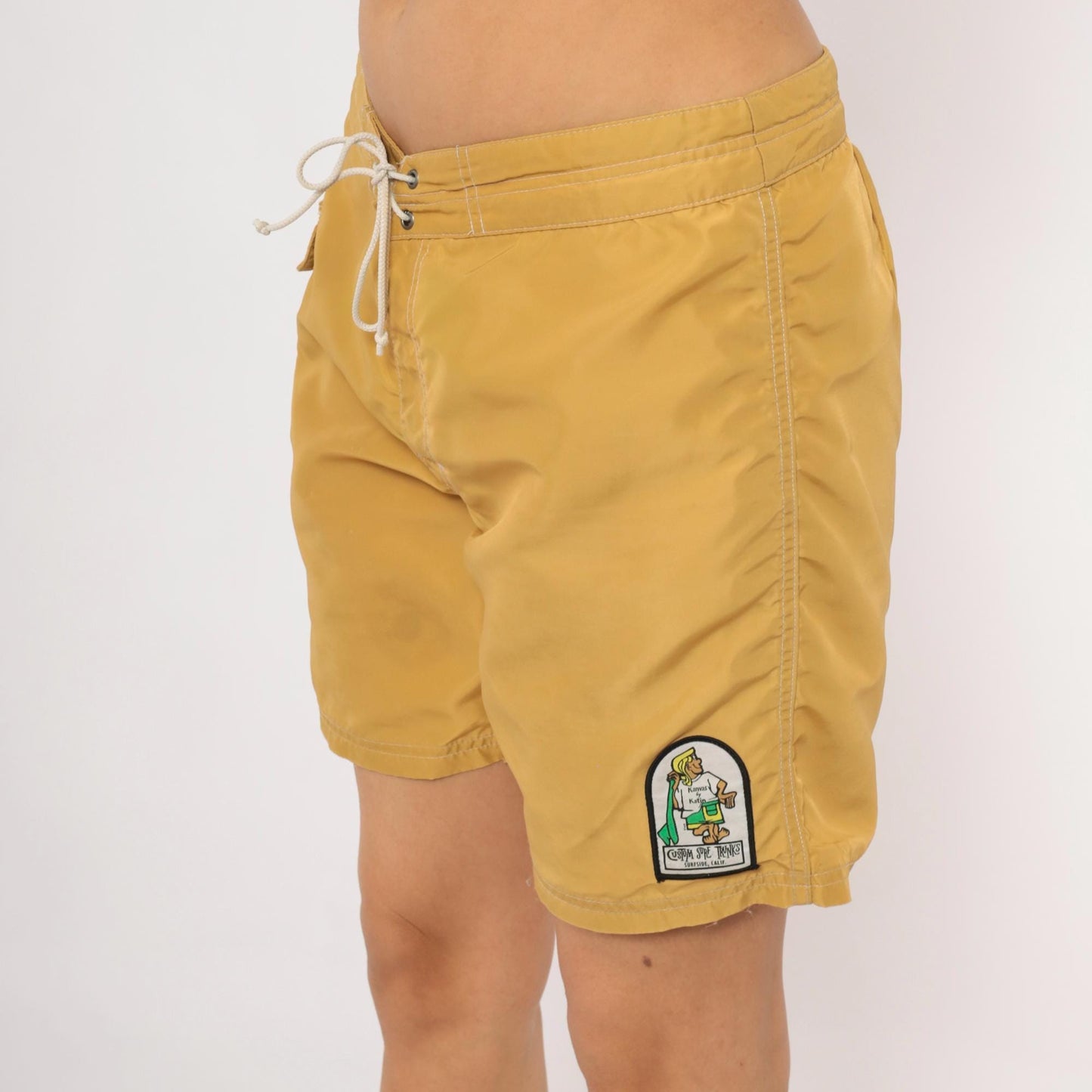 Y2K Kanvas by Katin Mustard Board Shorts Surfside California Embroidered Patch 32