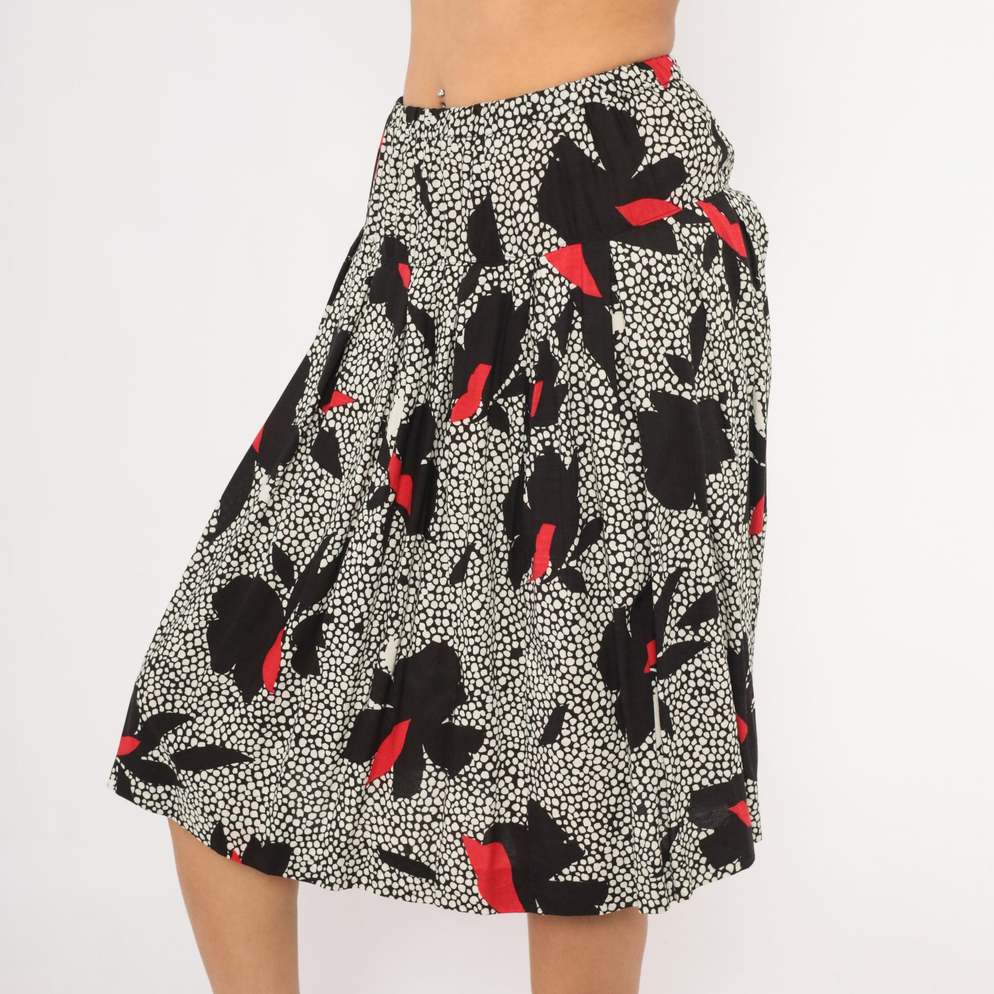 90s Jon Woods Midi Skirt Black White Floral Red Abstract Dotted Medium M