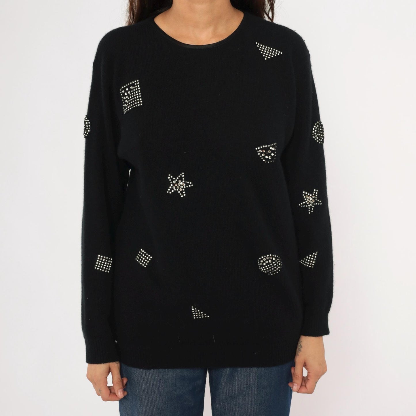 80s Adrienne Vittadini Rhinestone Studded Wool Angora Crewneck Pullover Black Medium