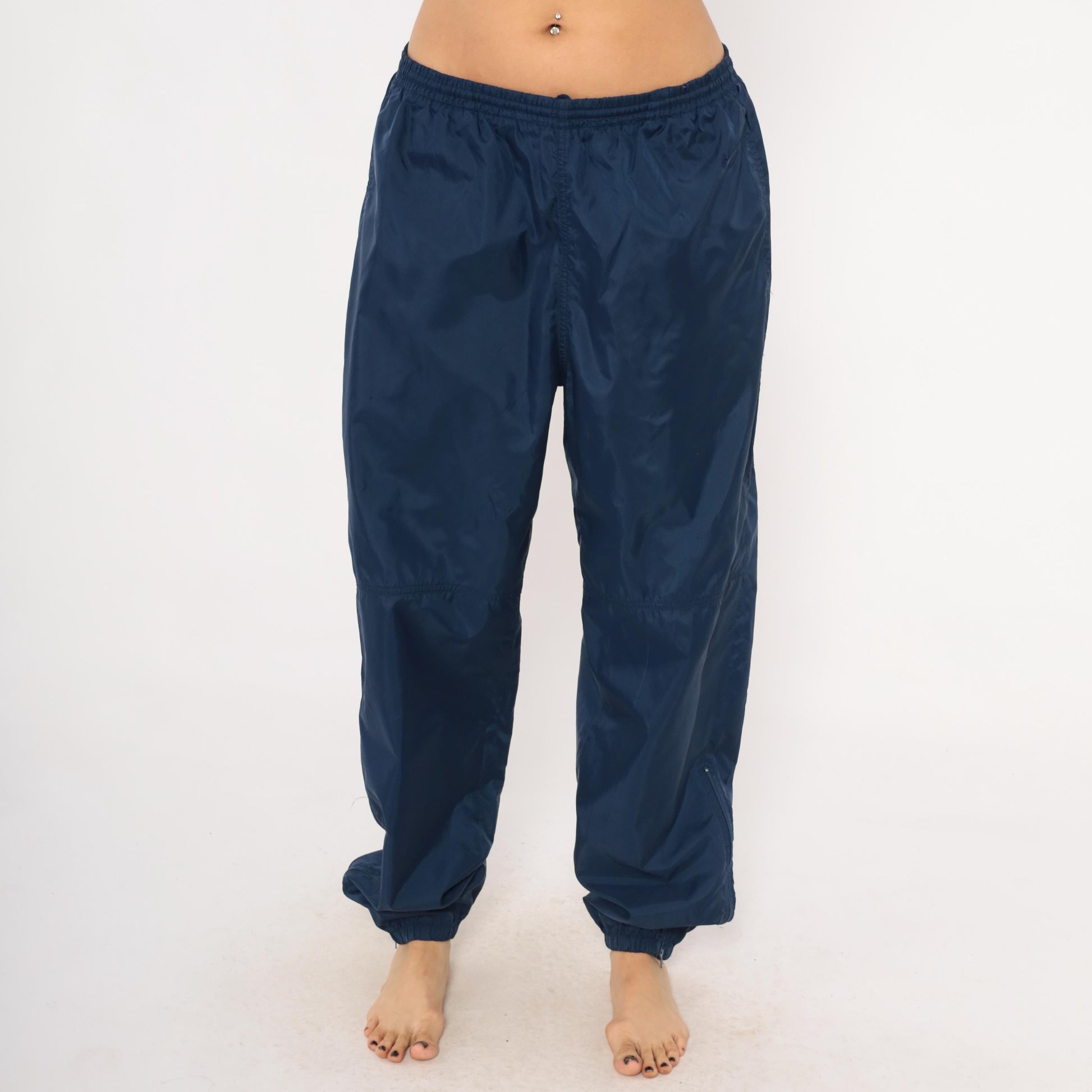 90s Nike Navy Nylon Track Pants Tapered Joggers Drawstring Large L