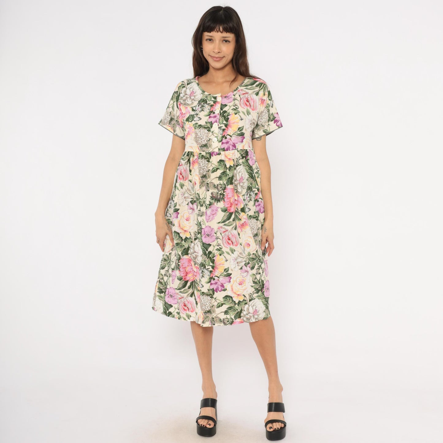 90s Day In Day Out Floral Midi Dress Cream Pink Garden Print Cotton Medium M