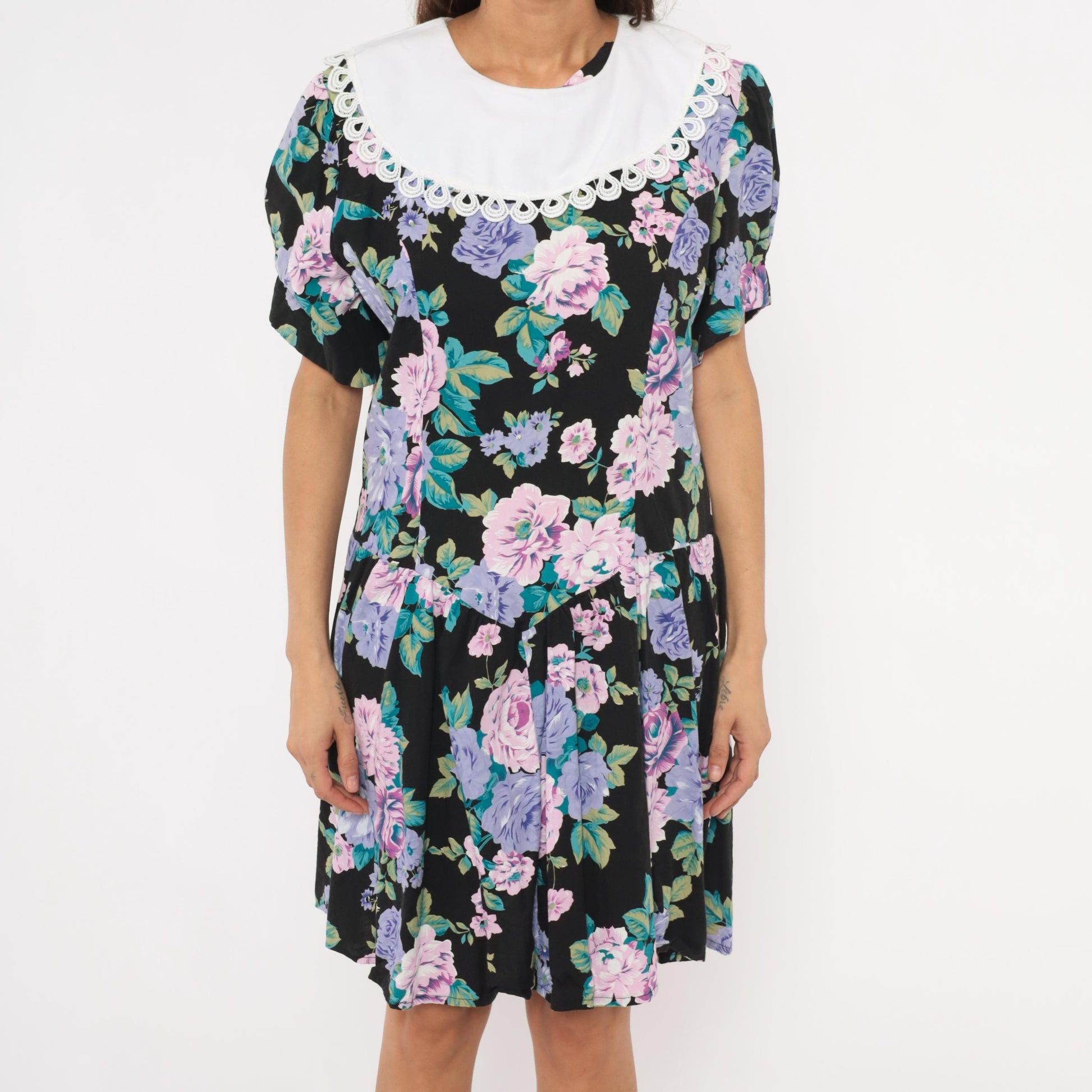 90s Ms. Basia California Floral Drop Waist Dress Black Rose Print Knee Length Large