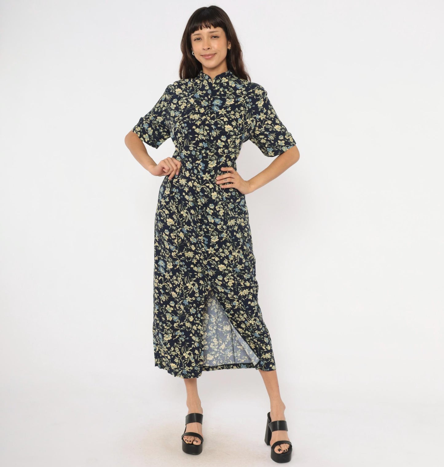 90s Express Navy Floral Maxi Dress Mandarin Collar Button Front Medium M