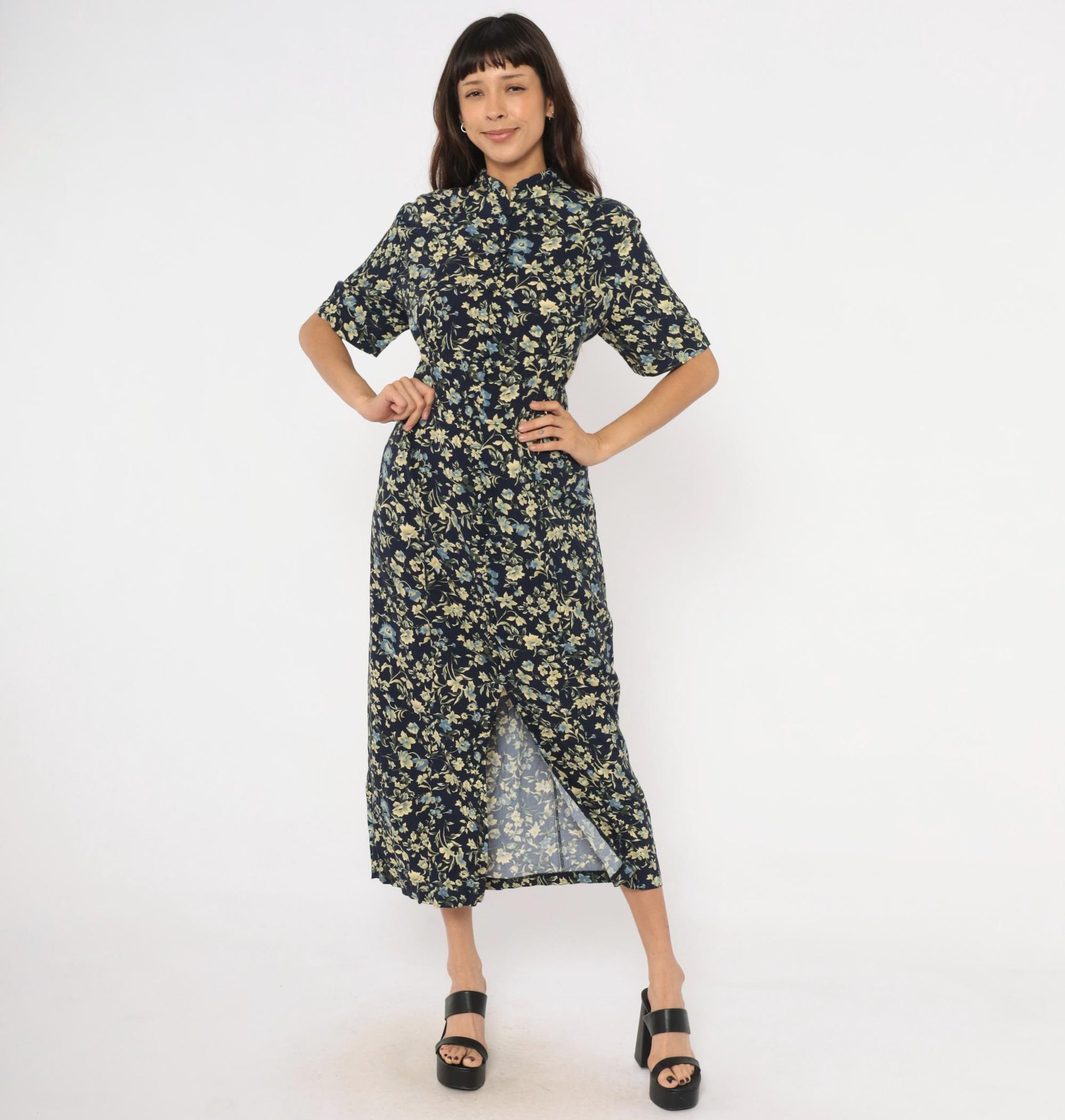 90s Express Navy Floral Maxi Dress Mandarin Collar Button Front Medium M