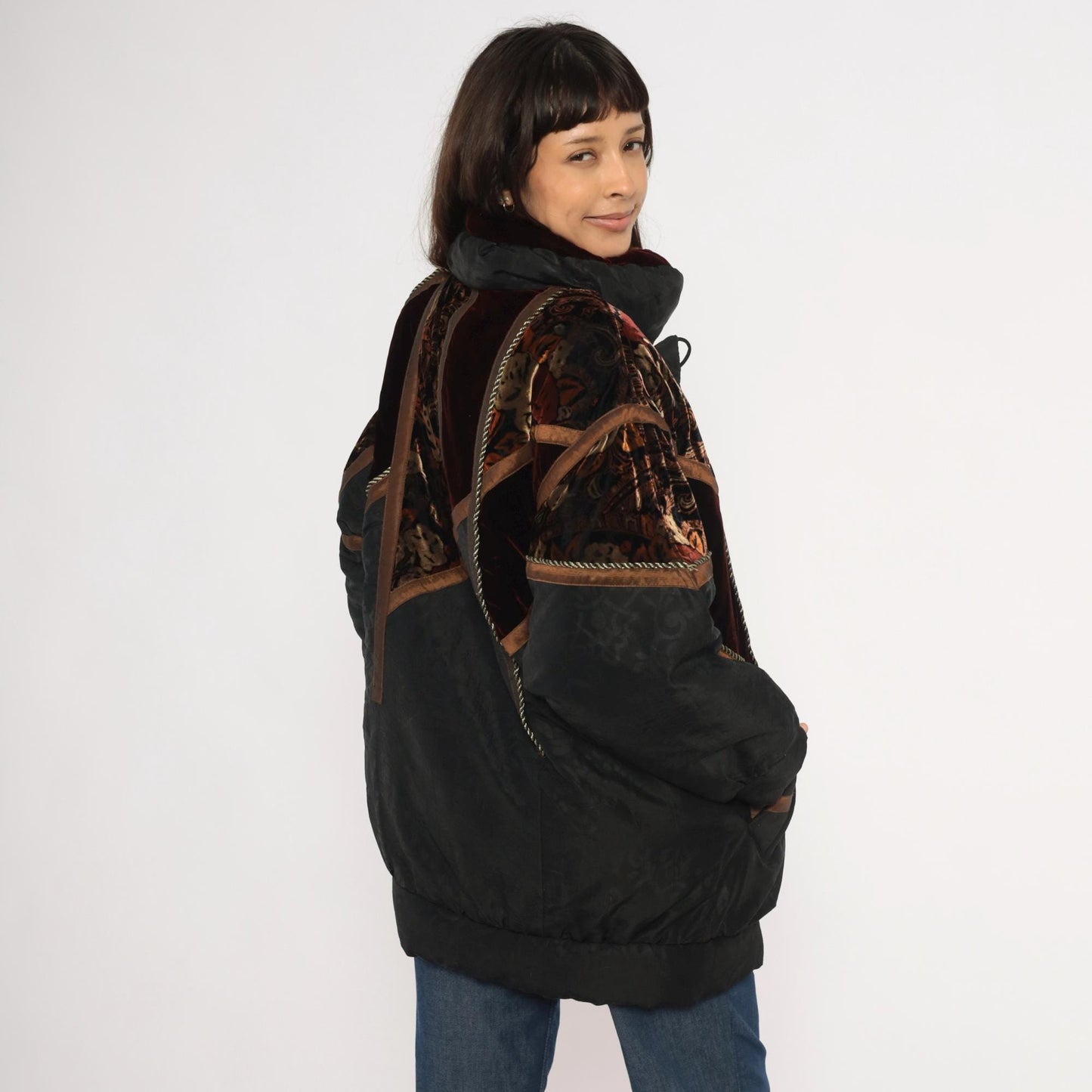 90s Frozen Dreams Velvet Patchwork Puffer Jacket Black Burgundy Extra Small