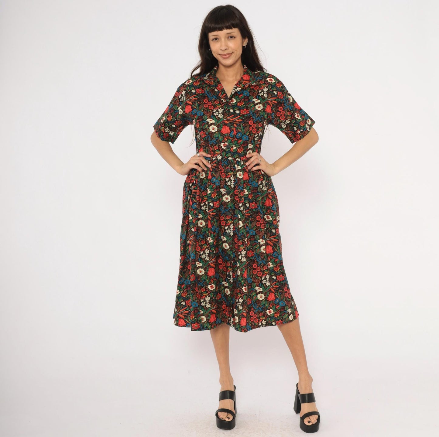80s Black Floral Shirtdress Cotton Botanical Print Fitted Waist Small