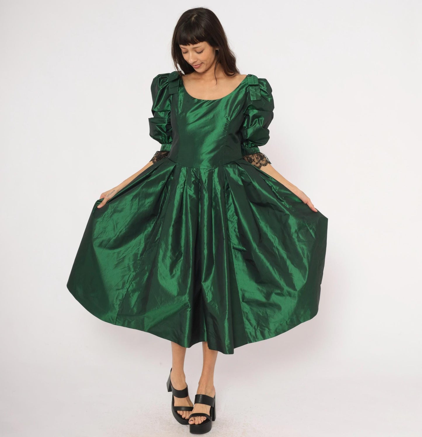 60s Emerald Taffeta Gown Puff Sleeve Forest Green Bow Shoulder Lace Cuff Large