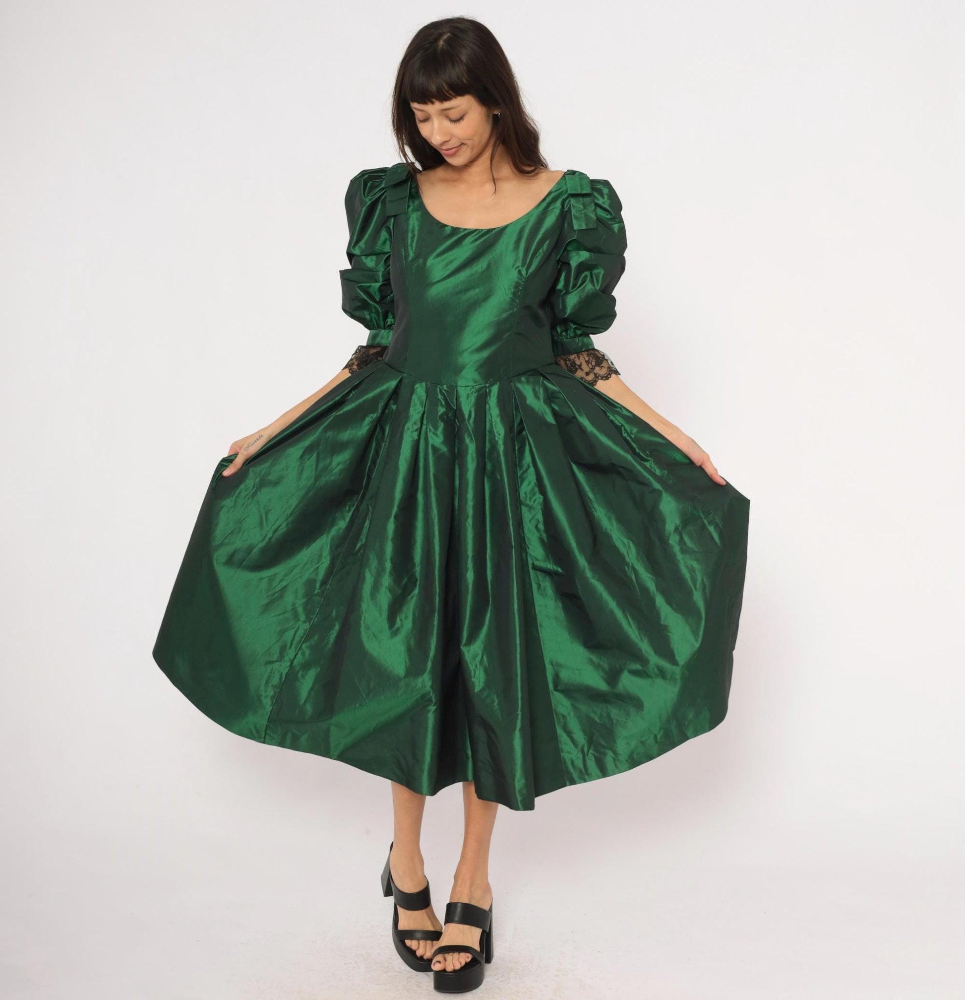 60s Emerald Taffeta Gown Puff Sleeve Forest Green Bow Shoulder Lace Cuff Large