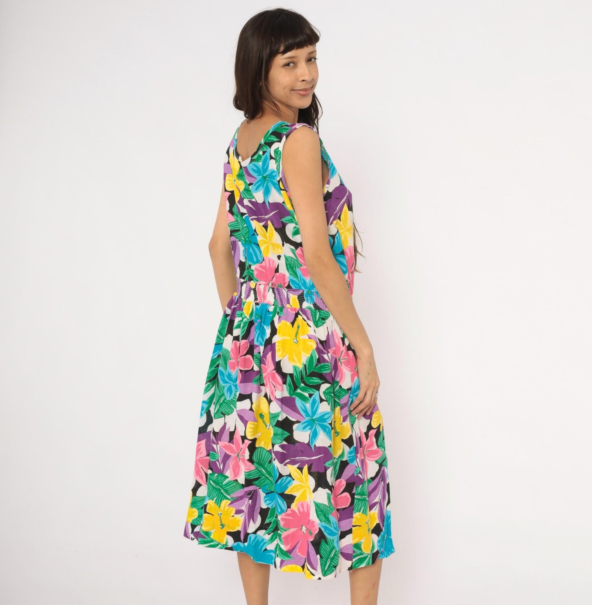 90s Tumbleweeds Tropical Hibiscus Midi Sundress Cotton Scoop Neck Large L
