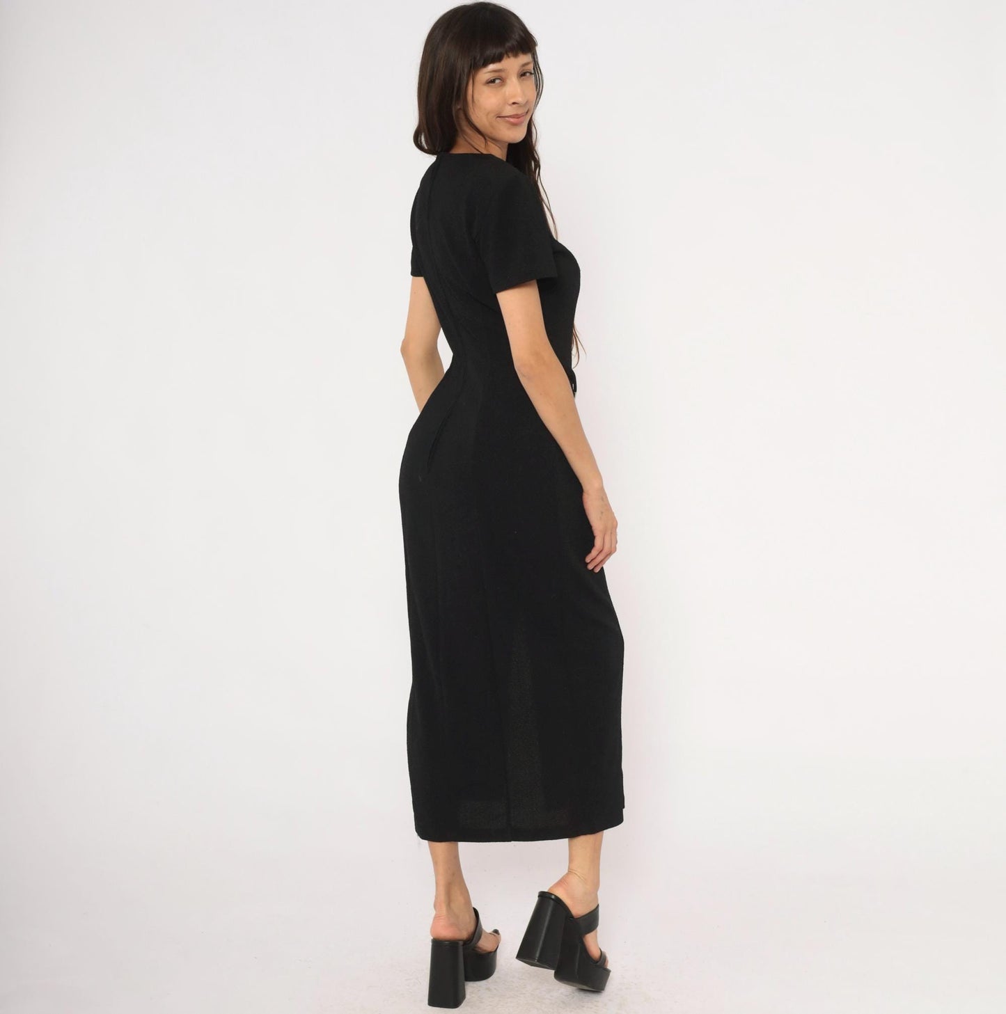 90s Scarlett Black Maxi Dress Silver Metal Waist Accents Short Sleeve Small