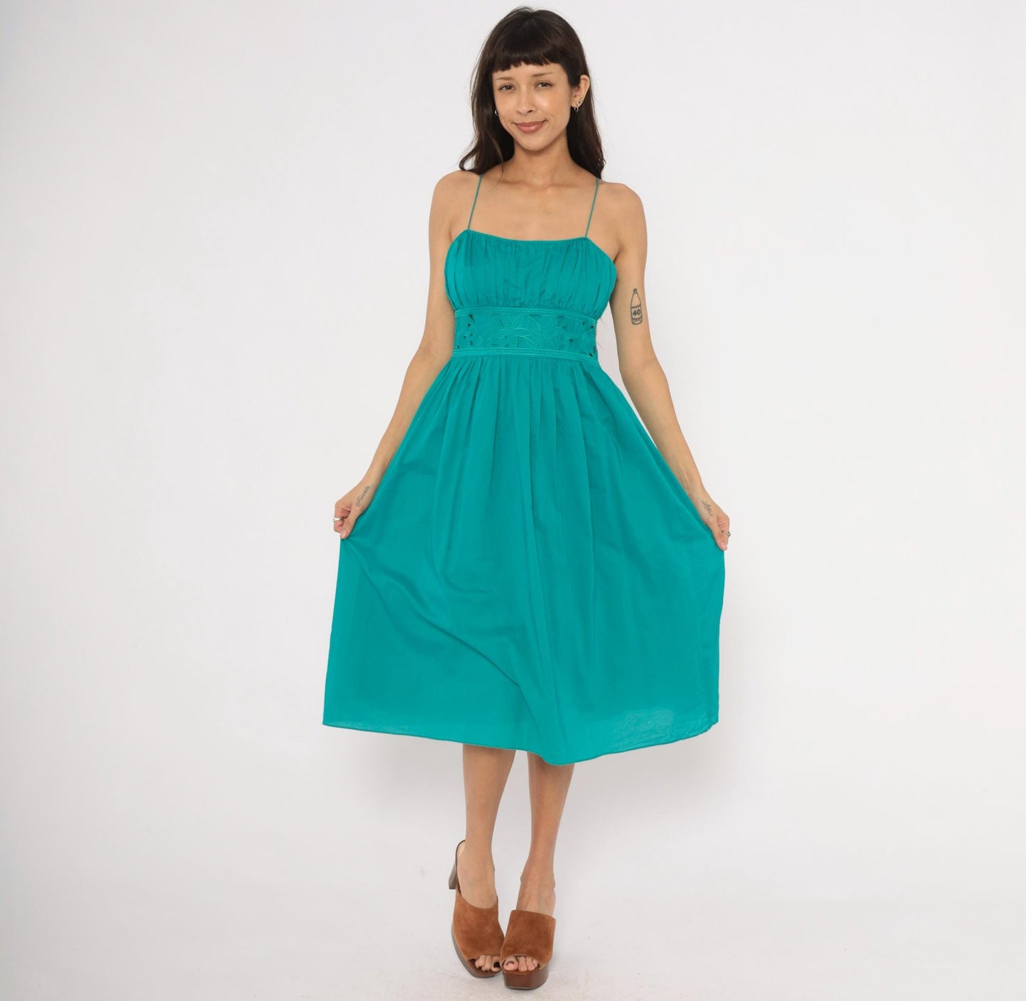 90s Jessica Howard Teal Midi Sundress Embroidered Eyelet Cotton Small