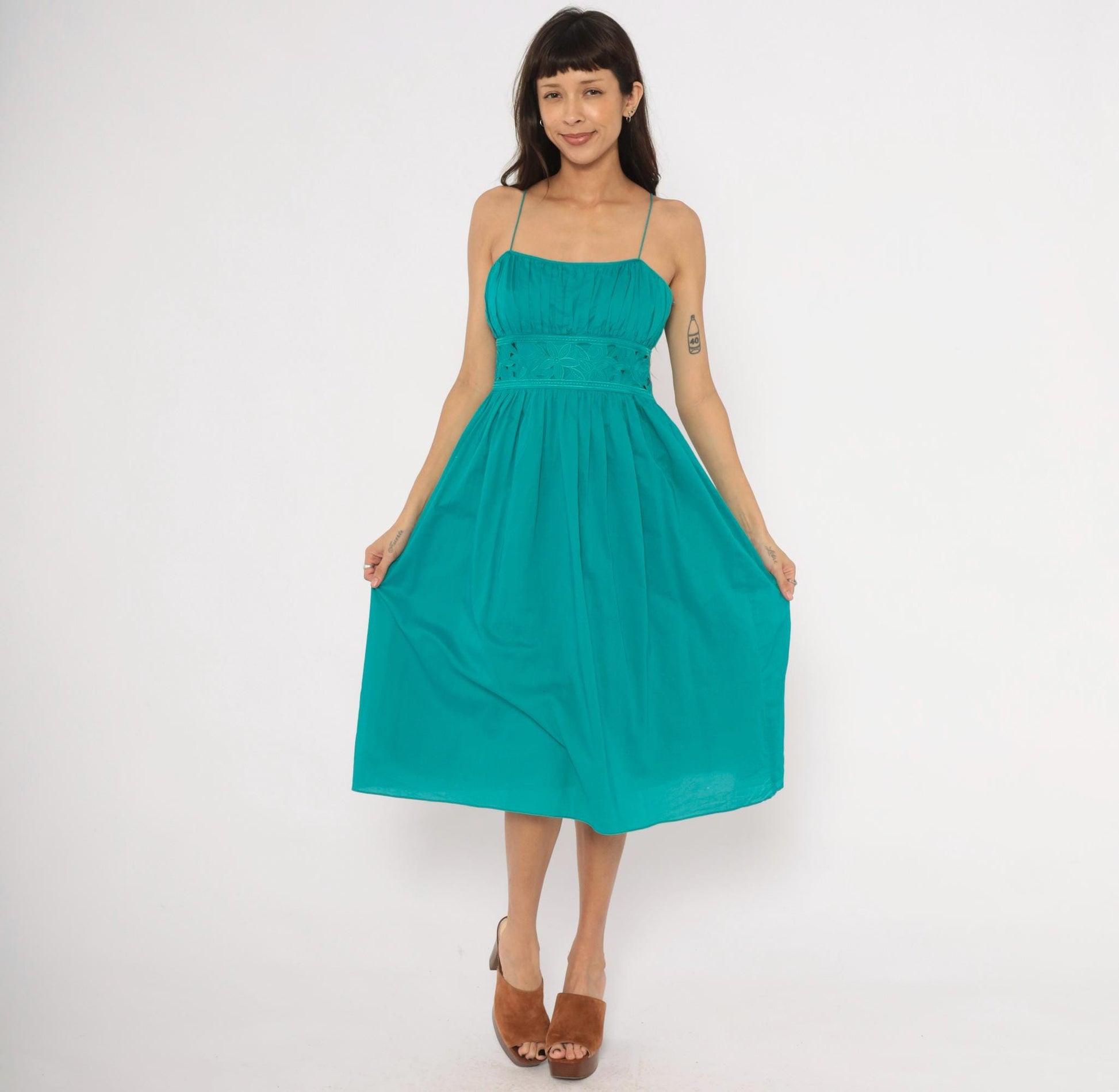 90s Jessica Howard Teal Midi Sundress Embroidered Eyelet Cotton Small
