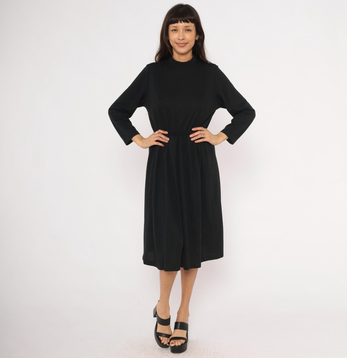 80s Philippe Marcel Black Mock Neck Dress Gathered Knee-Length Small Medium