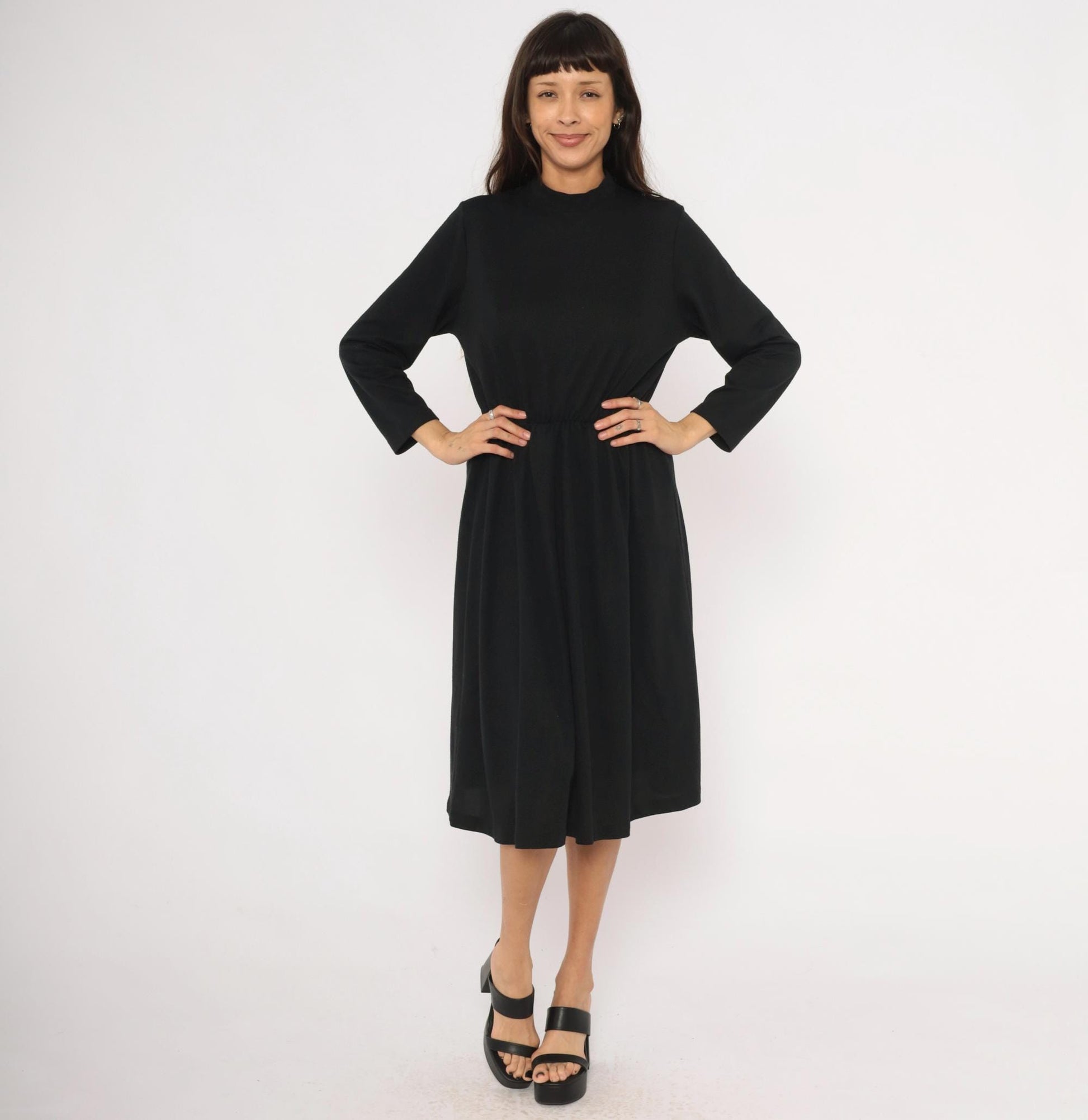 80s Philippe Marcel Black Mock Neck Dress Gathered Knee-Length Small Medium