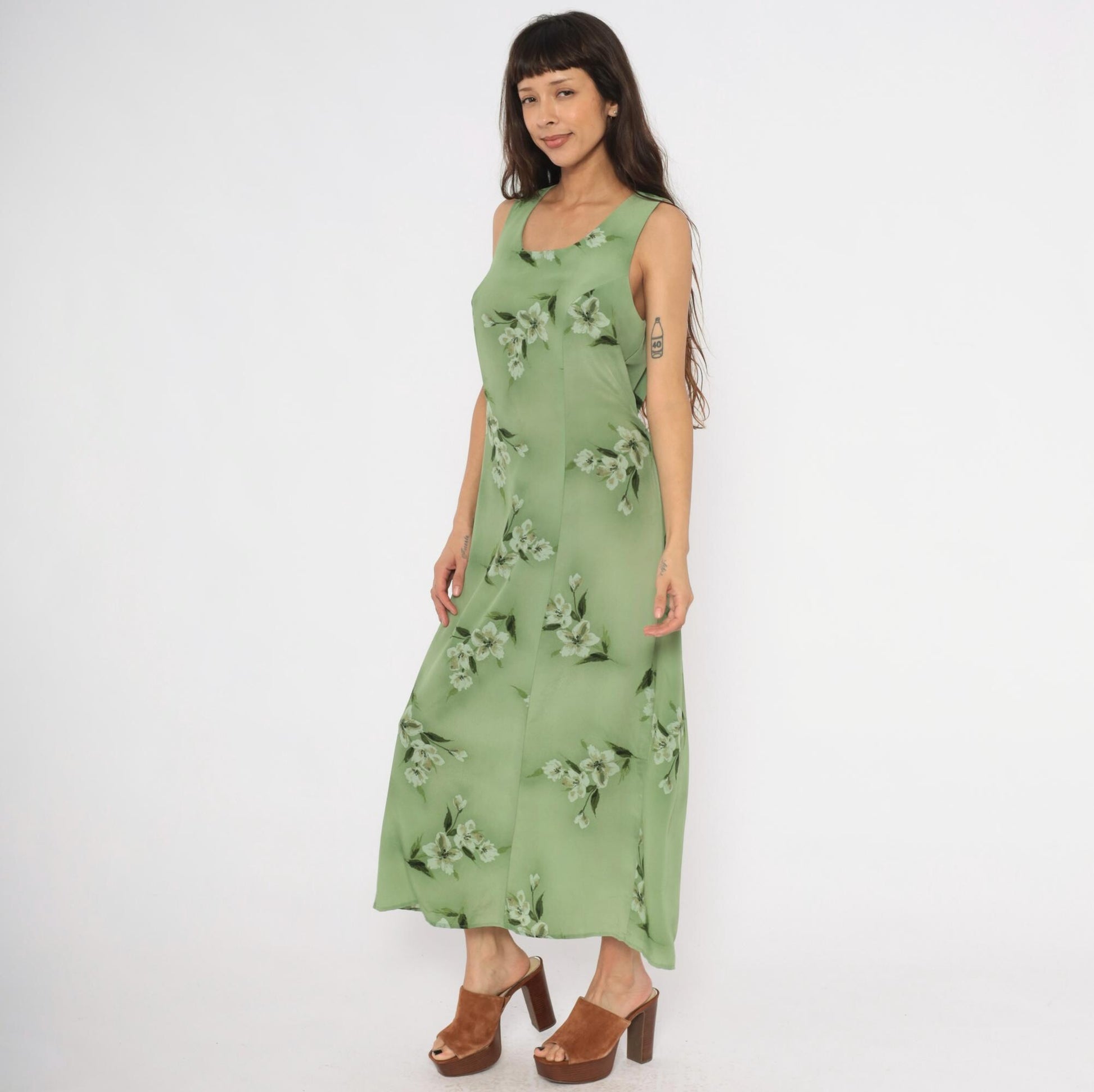 90s Fashion Bug Sage Green Floral Maxi Dress Sleeveless A-Line Large L
