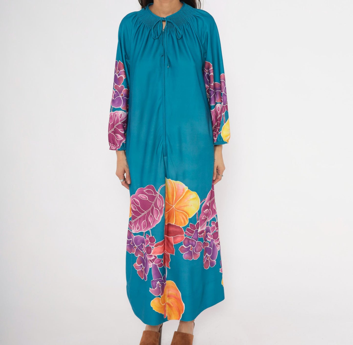 70s Teal Floral Caftan Maxi Dress Smocked Neckline Zip Front Medium M