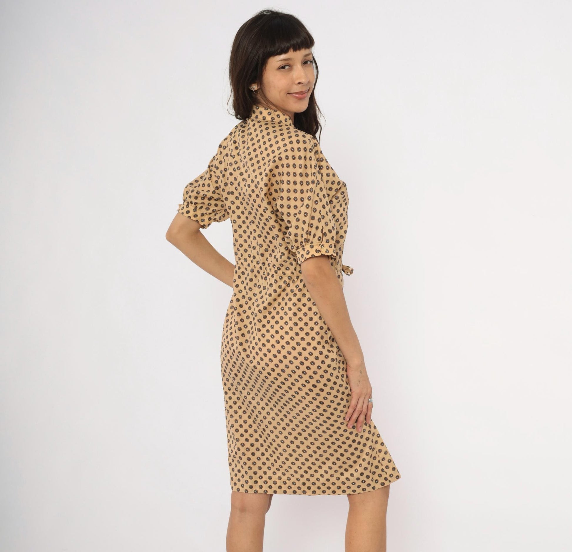 80s Kevin Stuart Petites Medallion Floral Shirtdress Tan Medium M