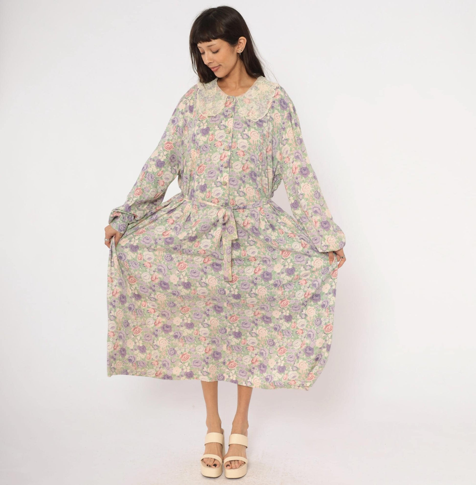90s J Jill Floral Maxi Dress Lace Peter Pan Collar Plus Size XXL