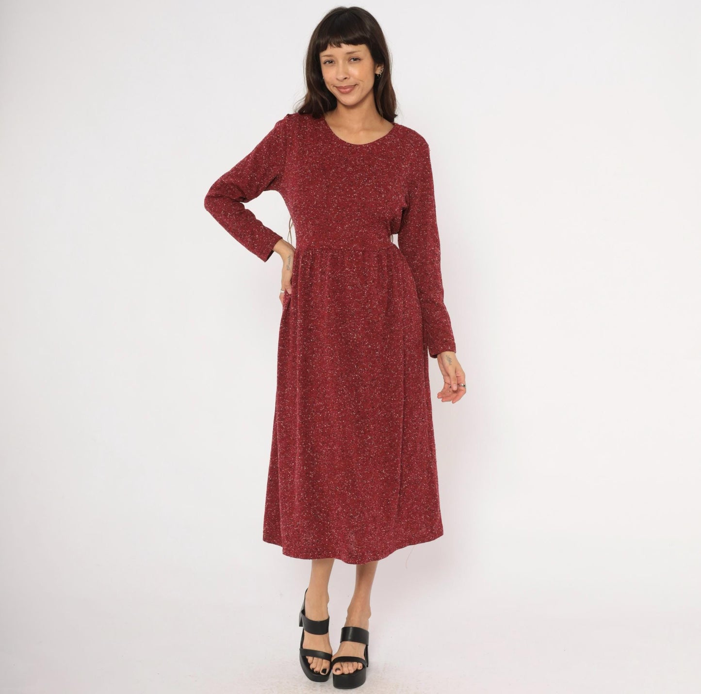 90s Alias Burgundy Speckled Knit Midi Dress Tie Back Medium M