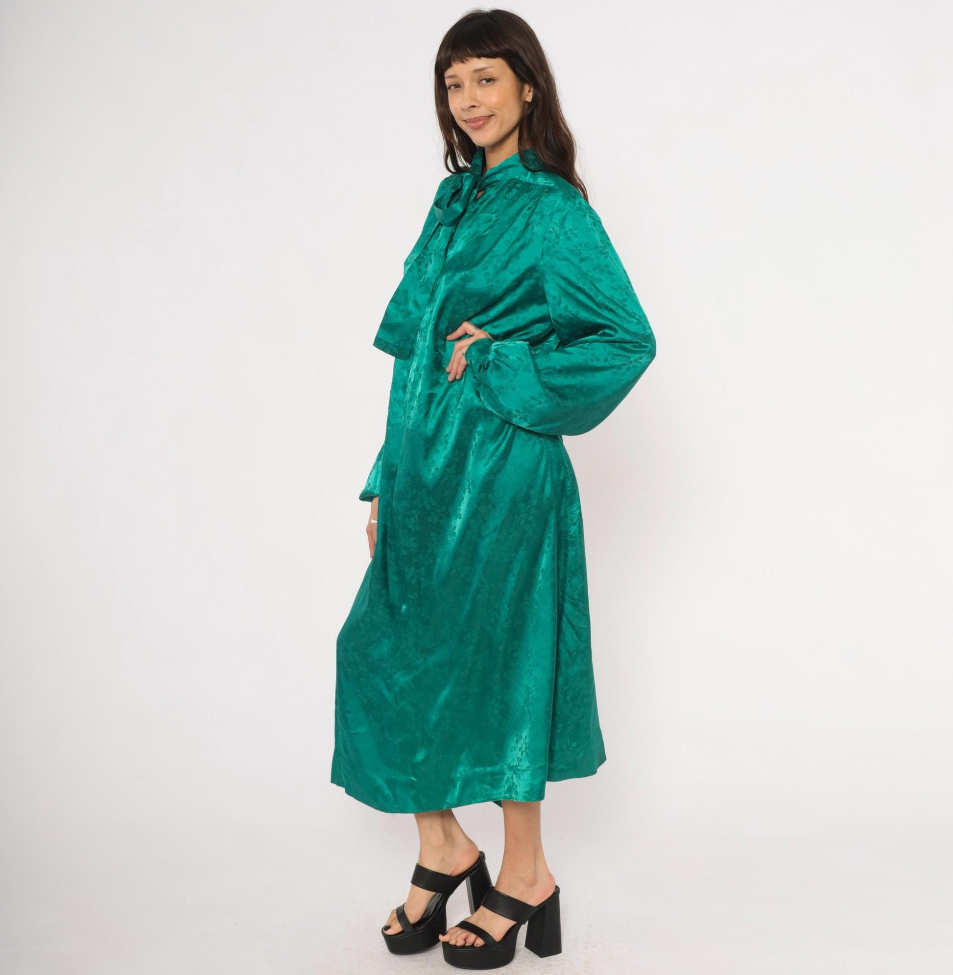 90s Teal Jacquard Maxi Dress Pussy Bow Balloon Sleeve Damask Emerald Extra Large