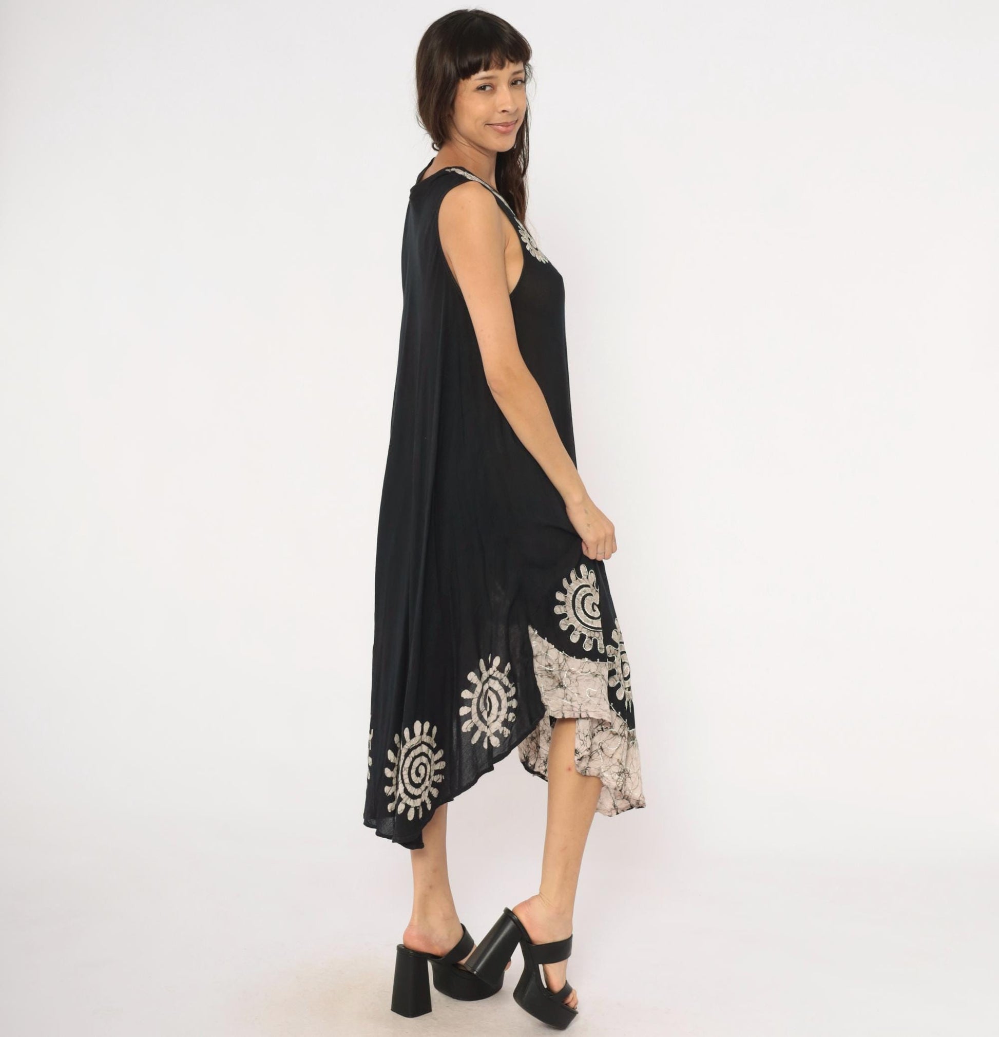 90s Black Batik Maxi Dress Cream Spiral Embroidered Trapeze Tank Medium