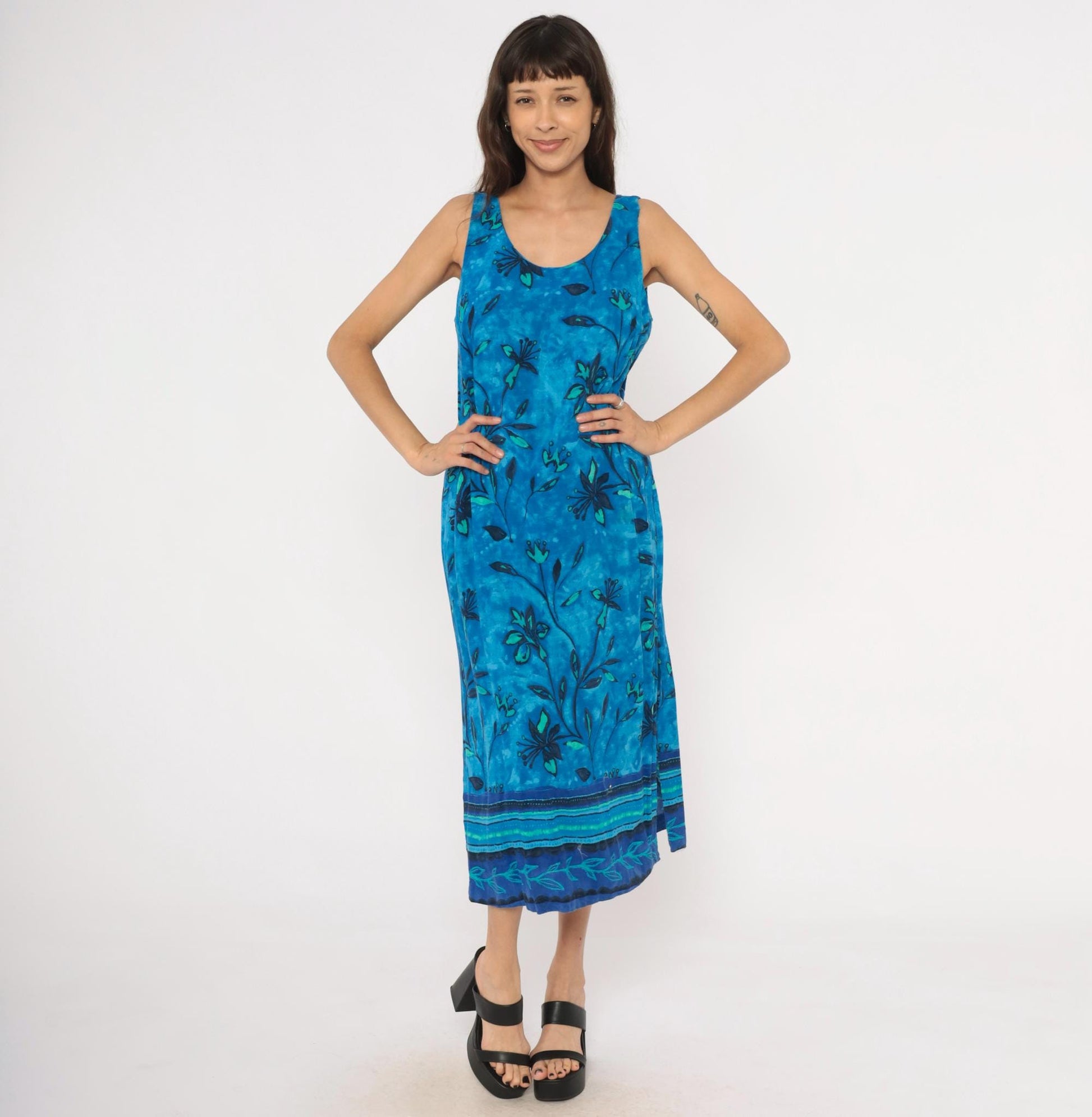 90s Worthington Blue Batik Floral Maxi Dress Tank Sleeveless Teal Navy Medium