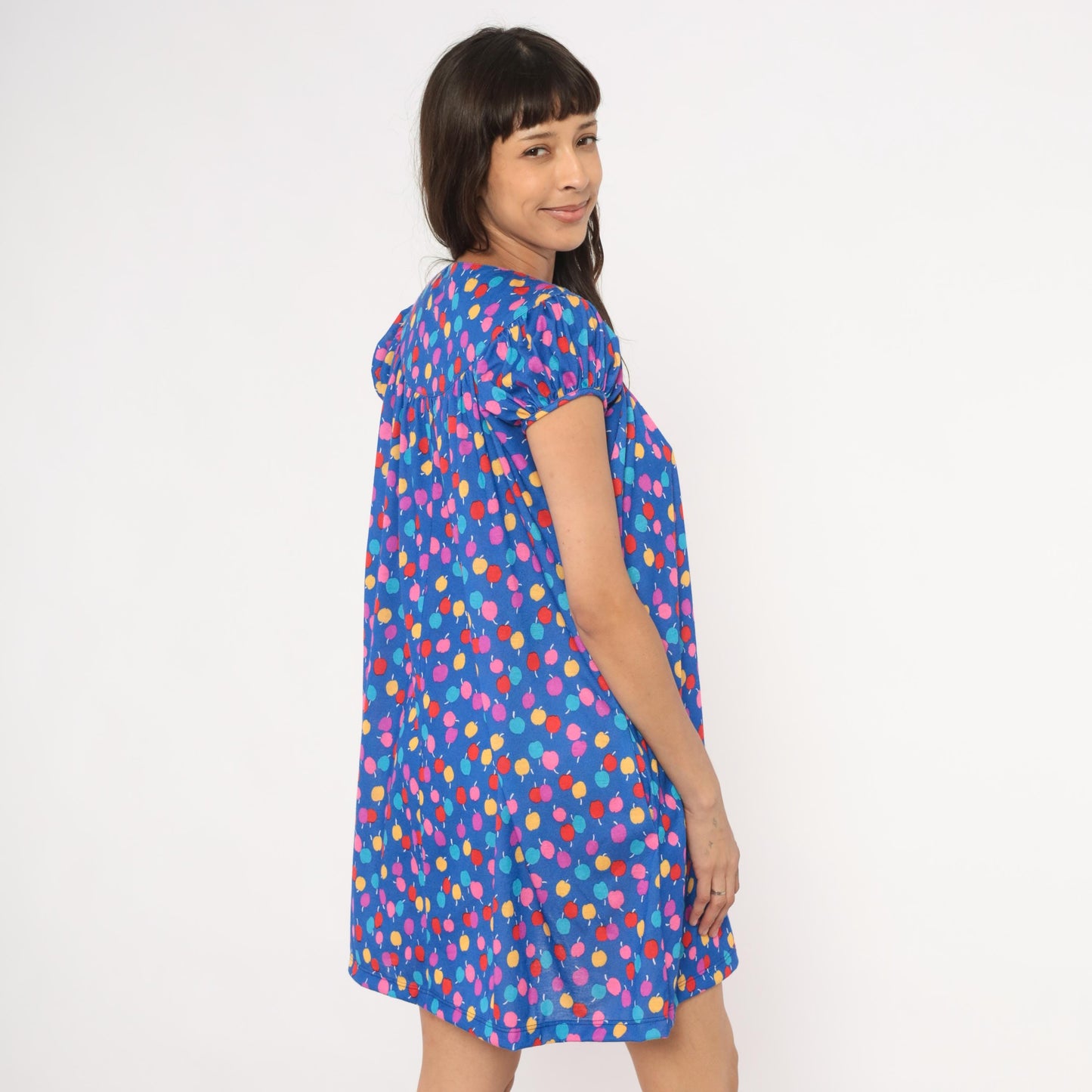 80s Lanz Originals Apple Print Babydoll Dress Blue Puff Sleeve Mini Small S