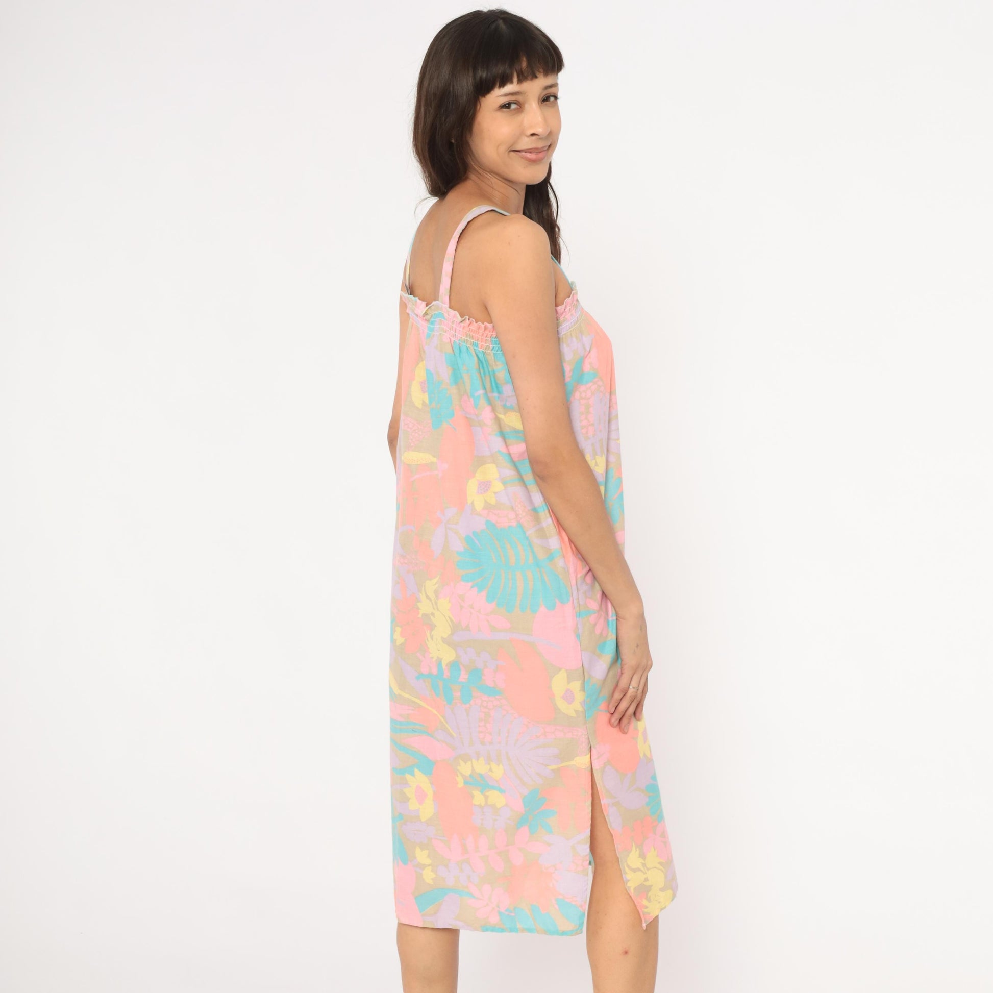 80s Tropical Floral Giraffe Sundress Pastel Coral Lavender Shift Small M
