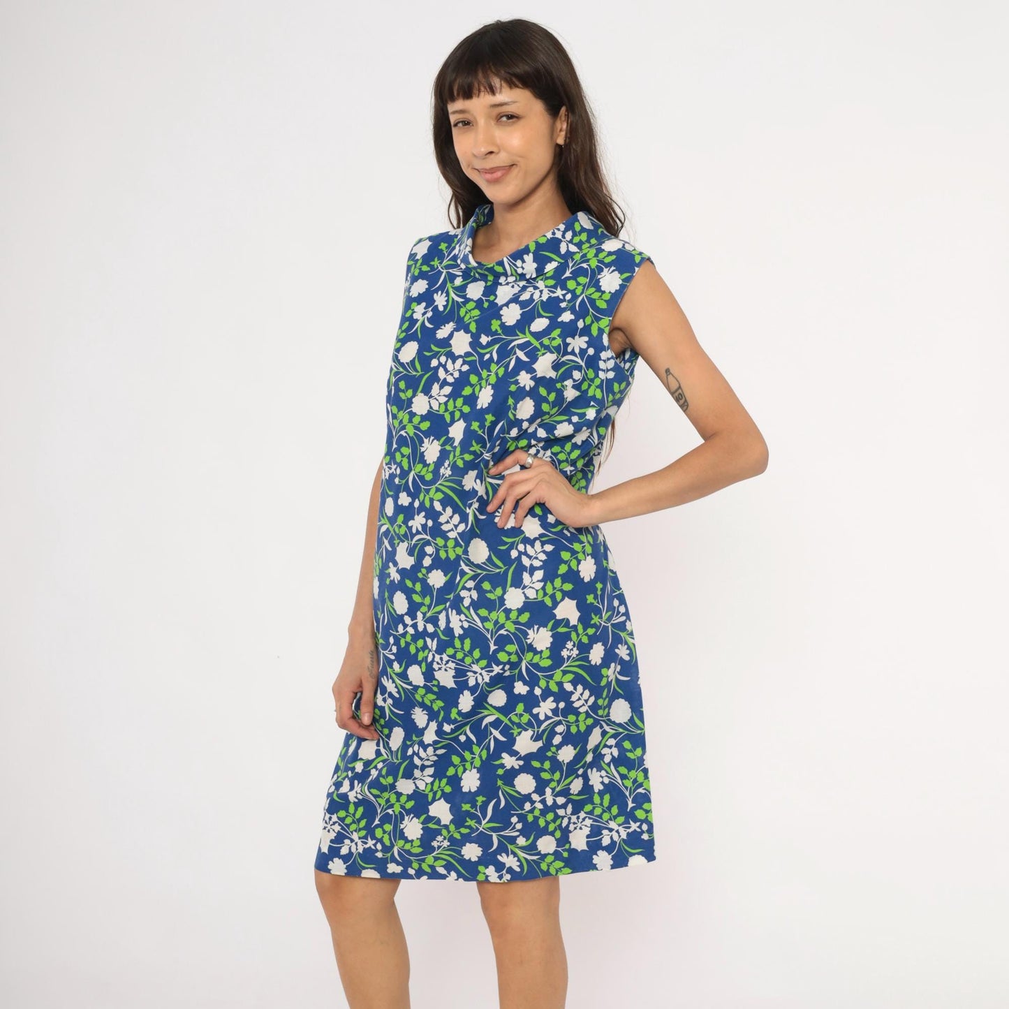 80s Mr. B California Blue Floral Shift Dress Cowl Neck Knee-Length Medium