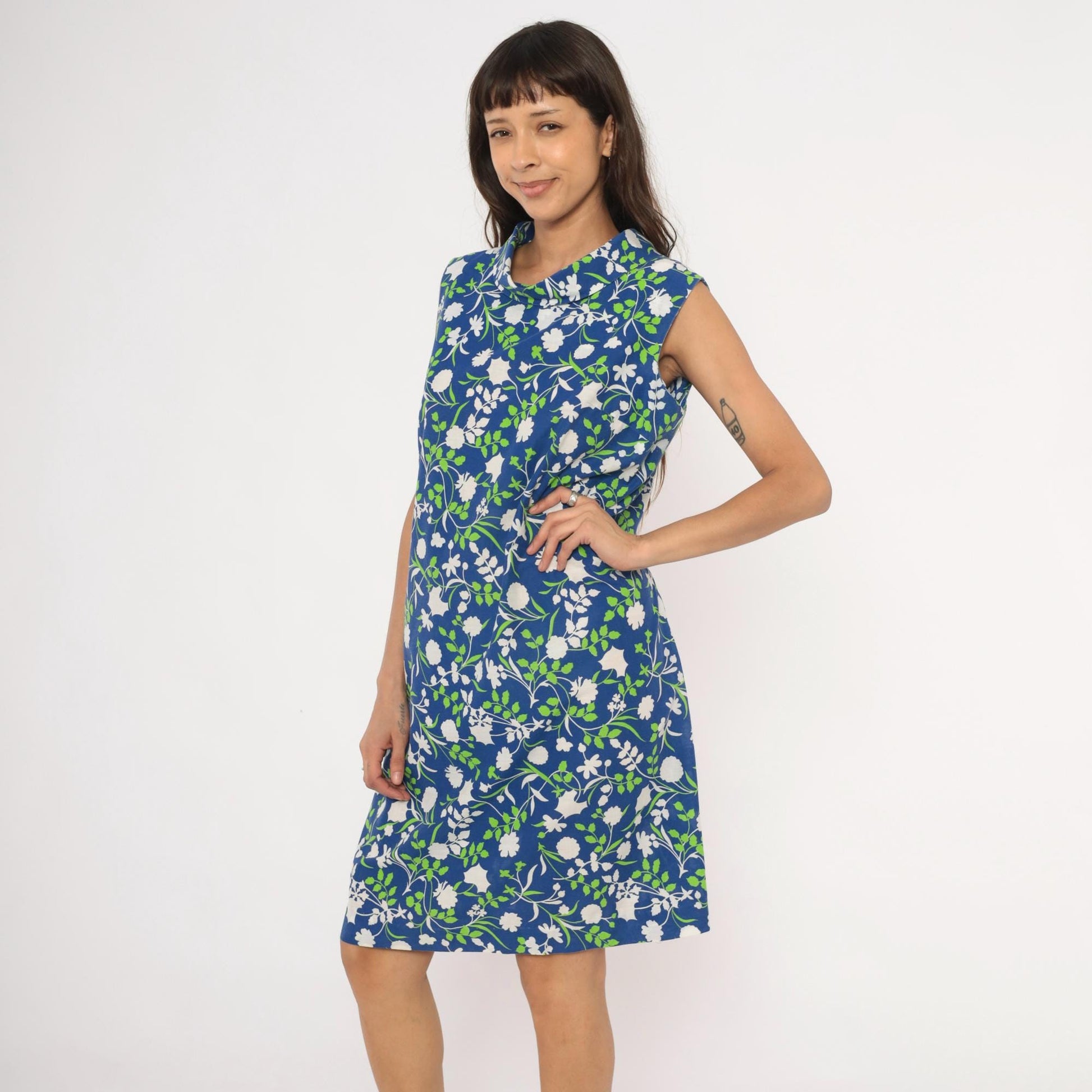 80s Mr. B California Blue Floral Shift Dress Cowl Neck Knee-Length Medium