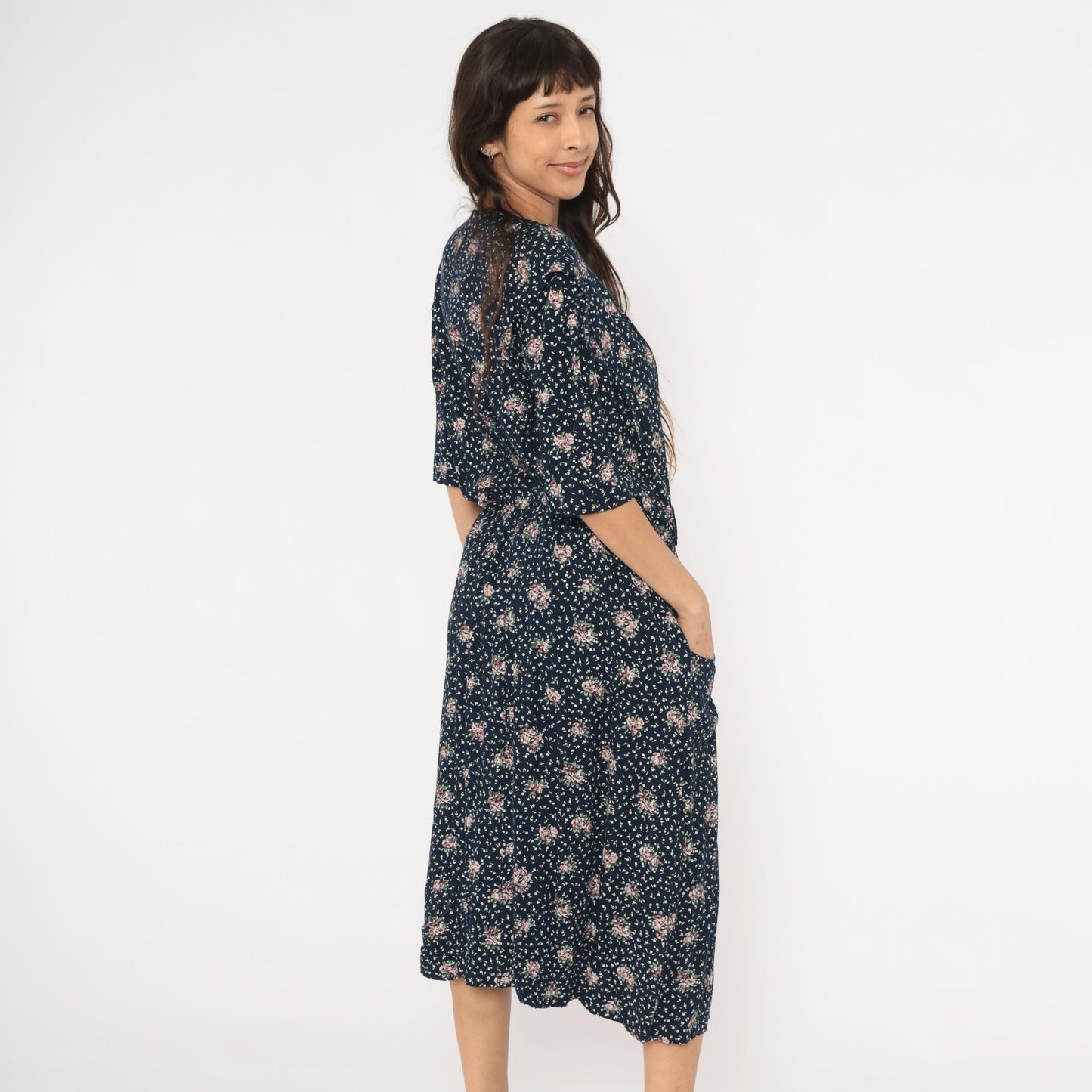 90s Navy Floral Midi Dress Pink Rose Print Deep V Neck Short Sleeve XL